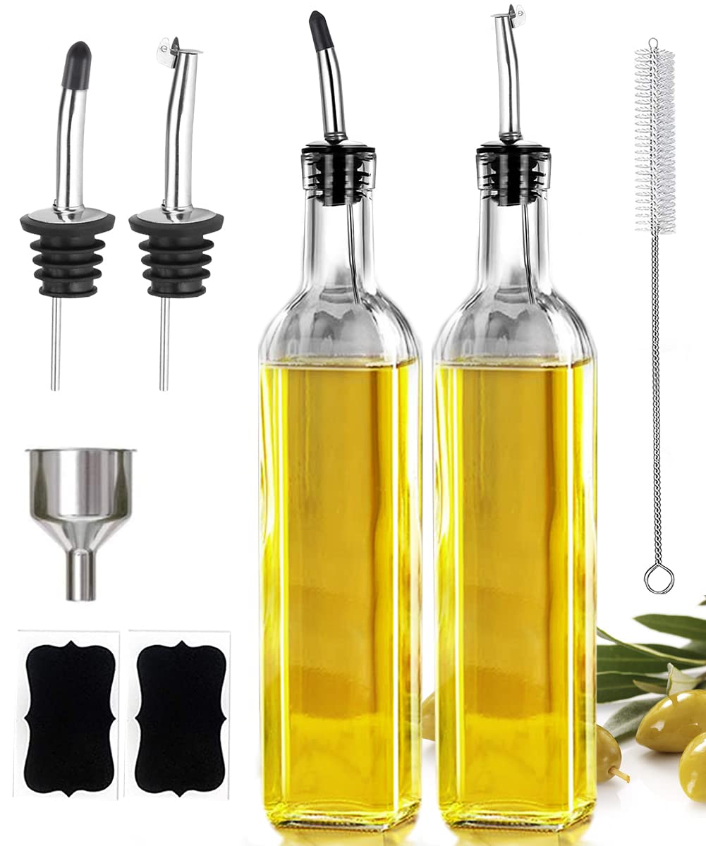 Leaflai Olive Oil Dispenser Bottle, 2 Pcs Glass Olive Oil Dispenser And Vinegar Dispenser Set With 2 Stainless Steel Pourers, 4