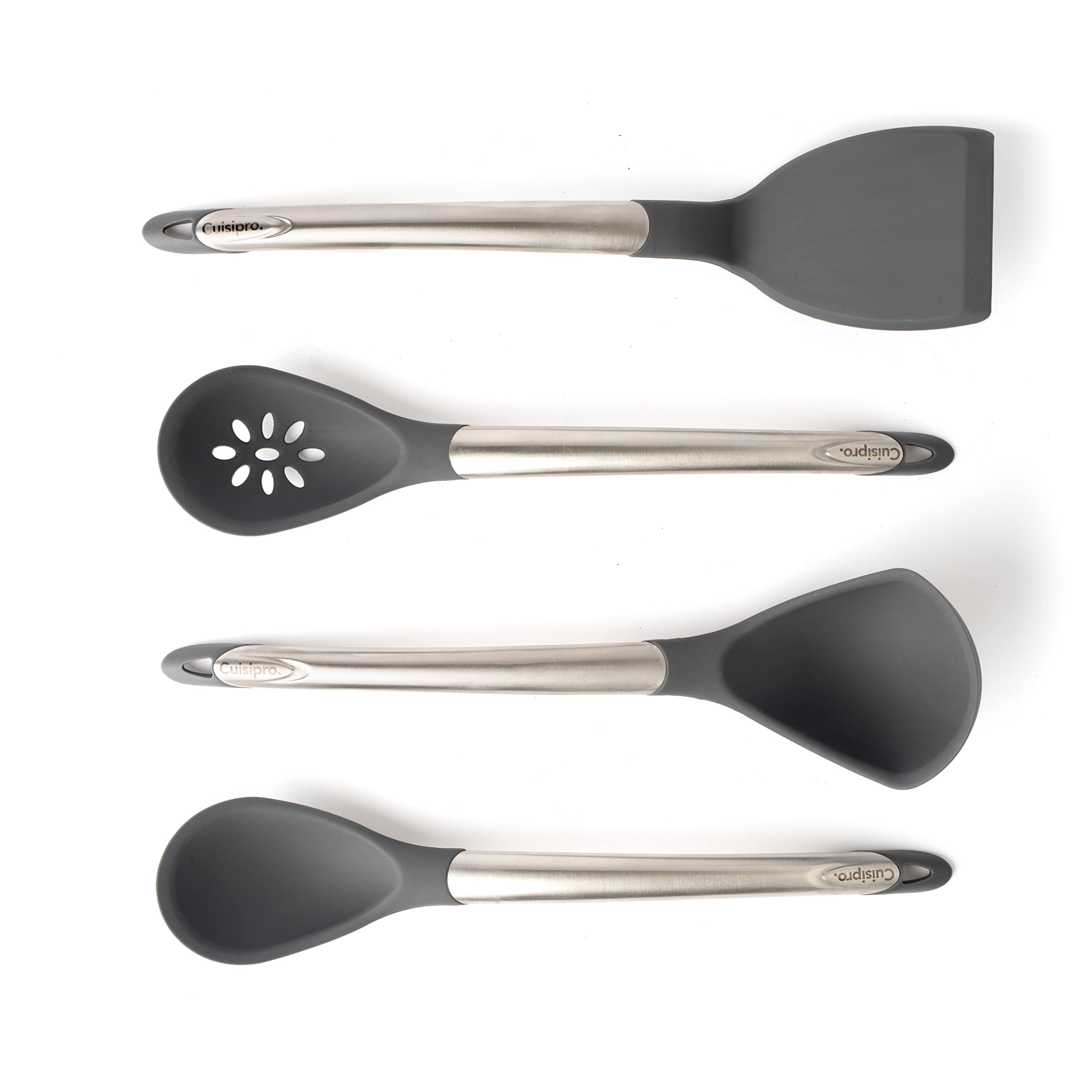 Cuisipro Silicone Tool 4-Piece Set With Ladle, Turner, Spoon & Slotted Spoon, Gray
