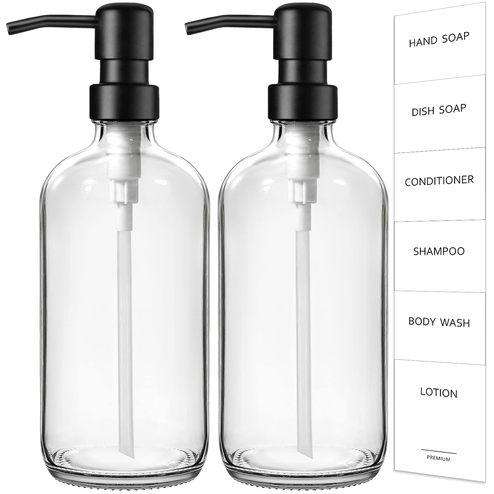 Gmisun Glass Soap Dispenser With Pump, 2 Pack Clear Bathroom Hand Soap Dispenser With Stainless Steel Pump, 16 Oz Refillable Kit
