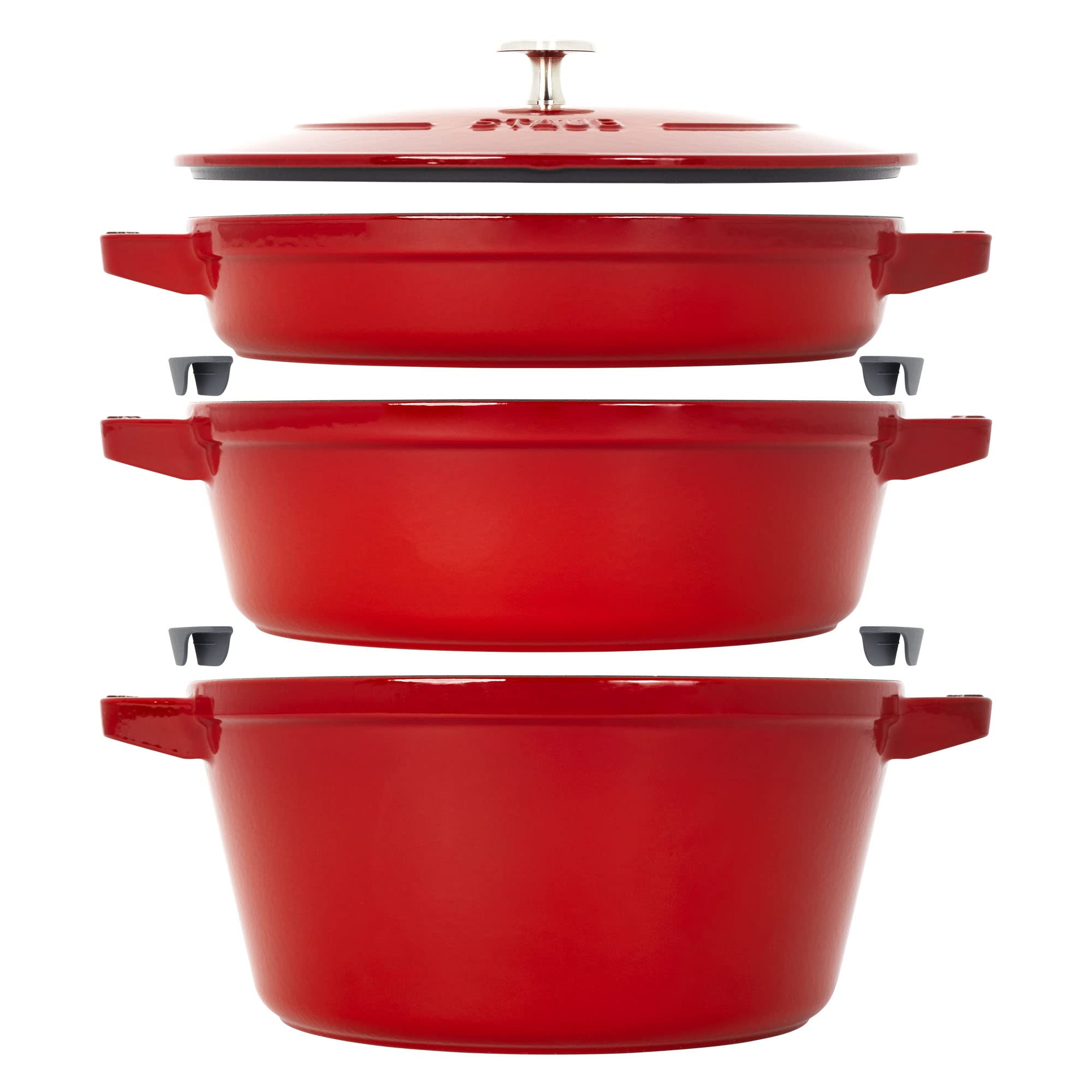 STAUB Cast Iron Set 4pc, Stackable SpaceSaving Cookware Set, Dutch Oven, Skillet, Grill Pan with Universal Lid, Made in France