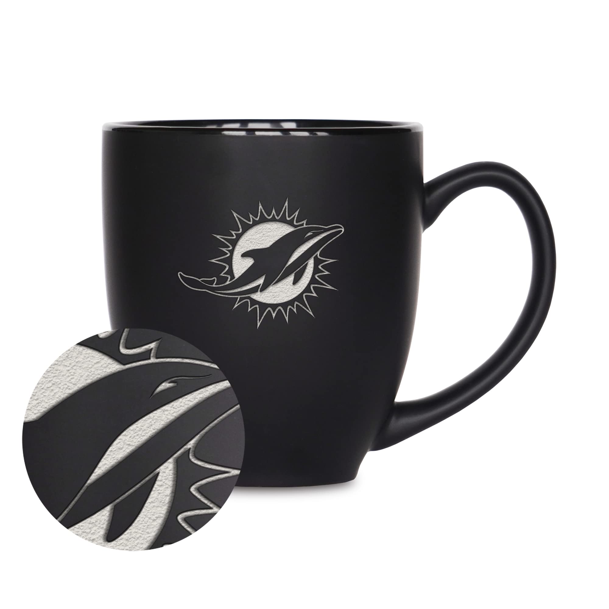 Rico Industries NFL Football Miami Dolphins Main 15oz Laser Engraved Matte Black Ceramic Bistro Mug - For Hot or Cold Drinks