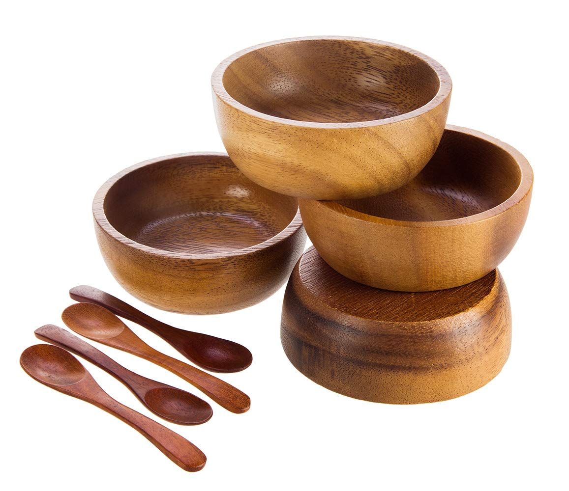 Bestysuperstore Small Round Wood Bowls 4 Pcs 3 '' Diameter 1 '' High Stackable Acacia Wooden Bowl Set With 4 Spoons For Serving