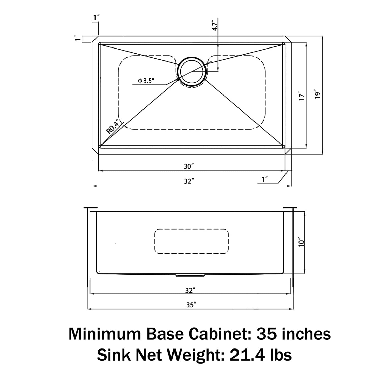 Sinber 32'' x 19'' x 10'' Undermount Single Bowl Kitchen Sink with 18 Gauge 304 Stainless Steel Black Finish HU3219S-B (Sink Only)
