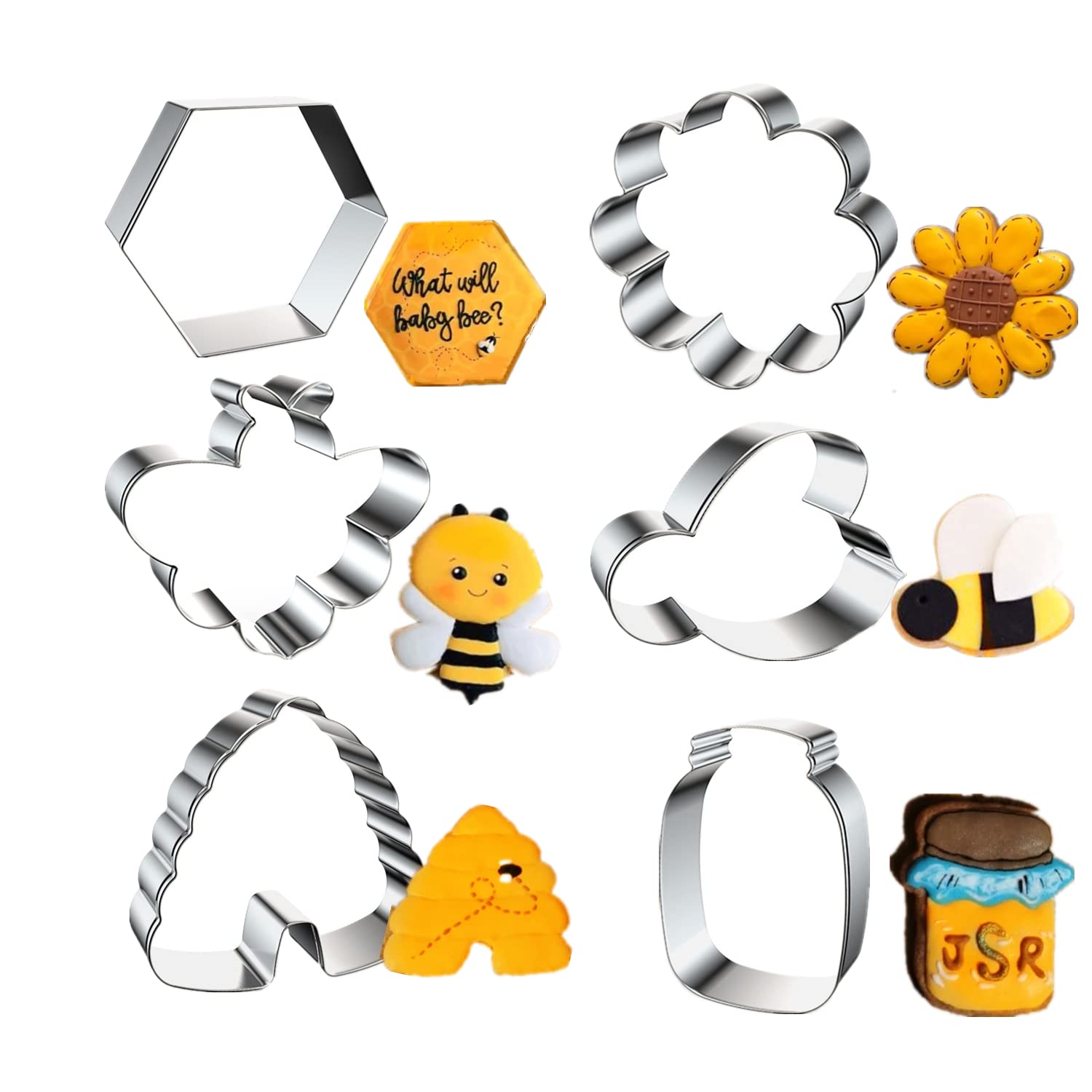 6Pcs Bee Cookie Cutters, Bee, Beehive,Honey Jar, Flower, Honeycomb Stainless Steel Biscuit Cutters Molds, Honey Bee Themed Shape