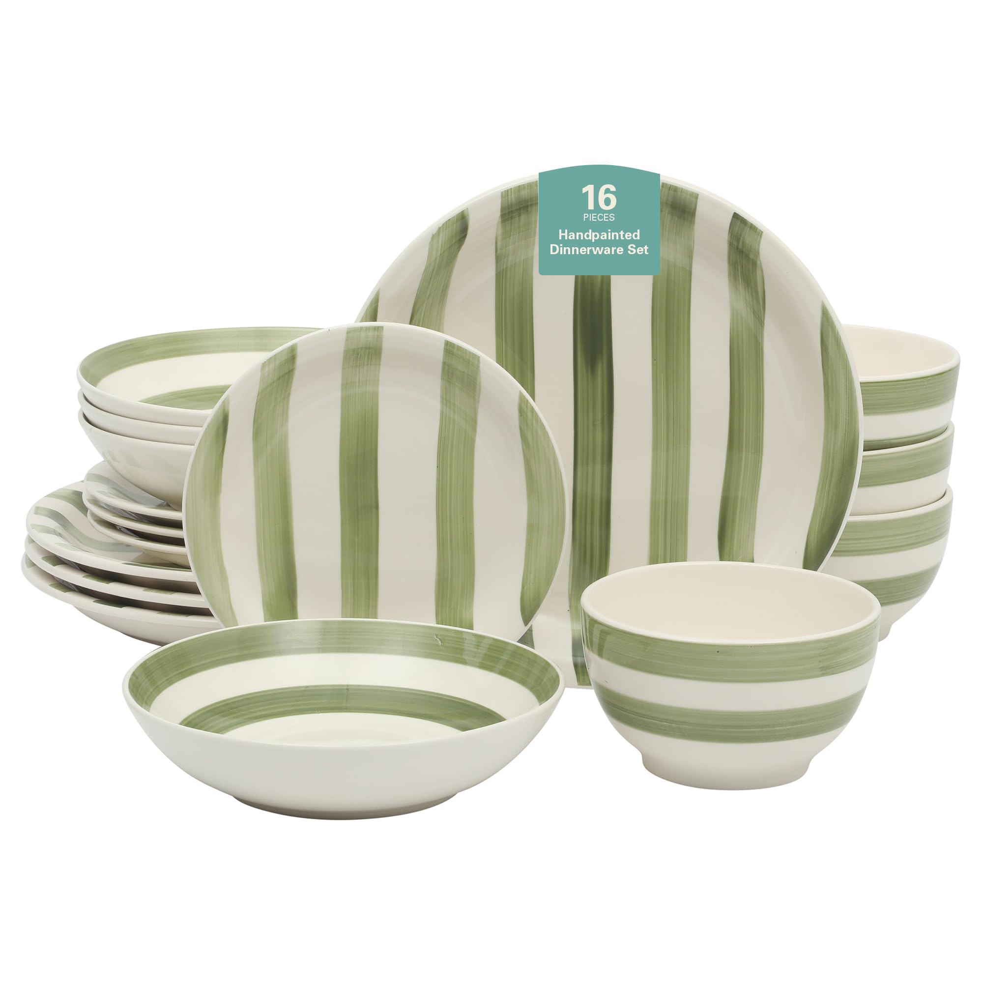 Gibson Home Kenwood Shores 16 Piece Dinnerware Set, Green Striped, Hand-Painted Stoneware, Plates and Bowls, Service for 4, Micr
