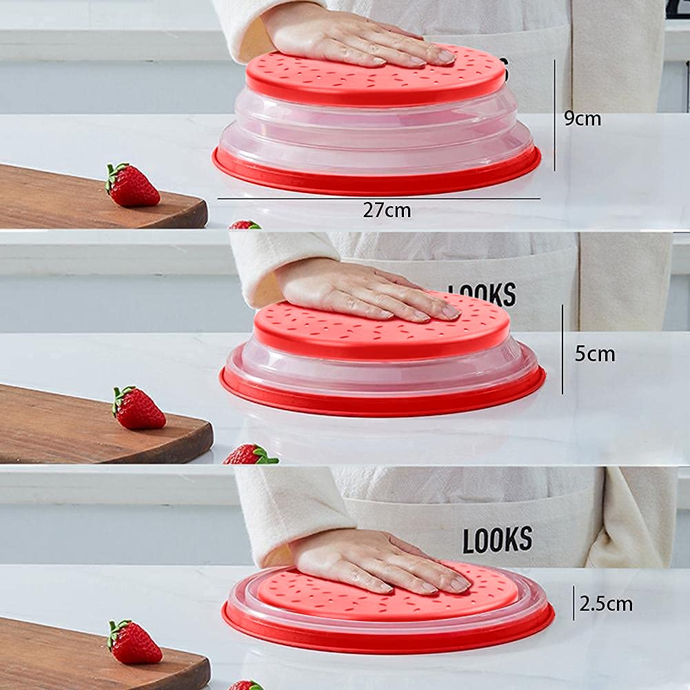 Collapsible Microwave Cover For Food Microwave Splatter Cover Fruit Drainer Bpa-Free Dishwasher Safe 10.5 Inch (Grey&Red
