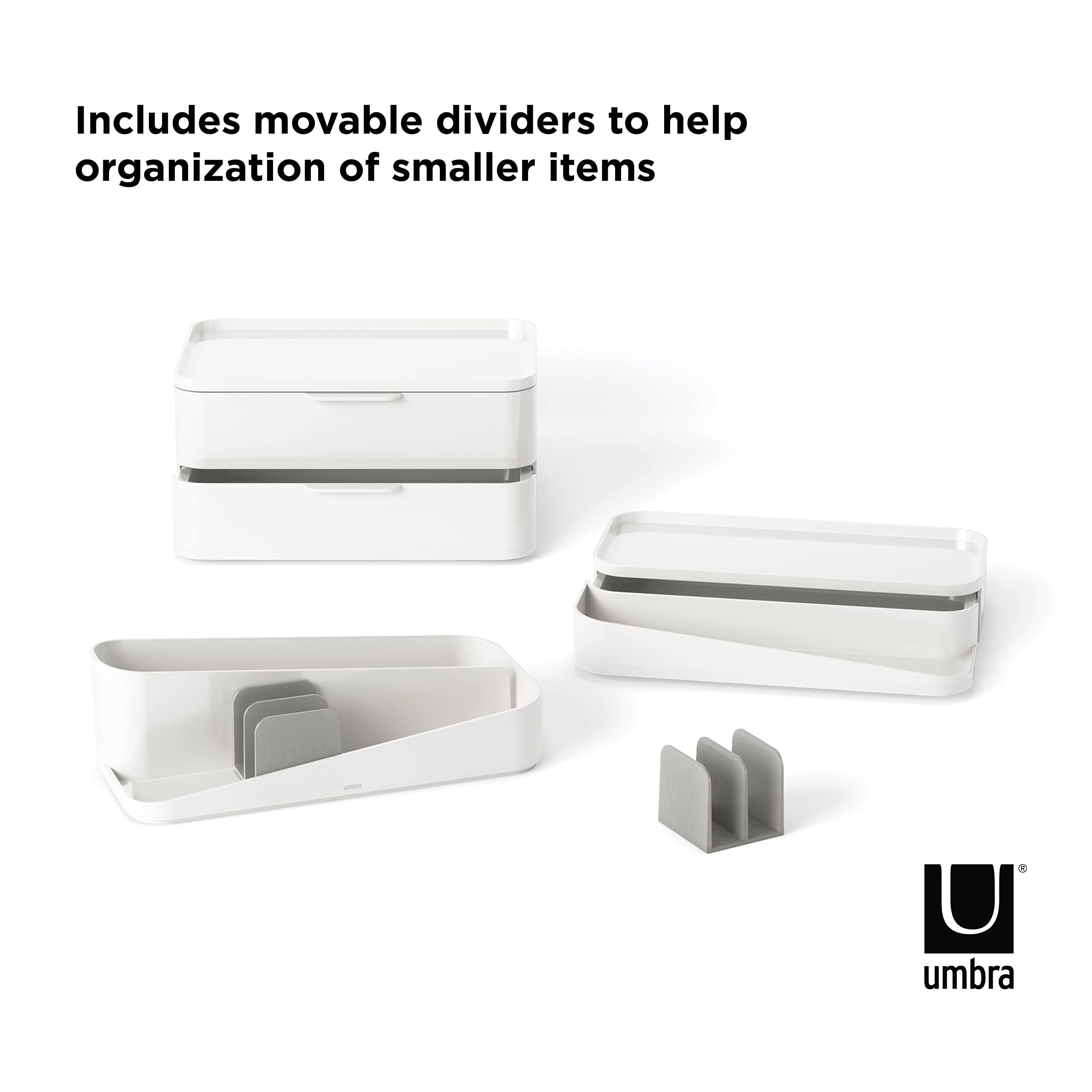 Umbra Glam Large Three Drawers Cosmetic Organizer With Rubber Feet And Removable Dividers (White And Gray)
