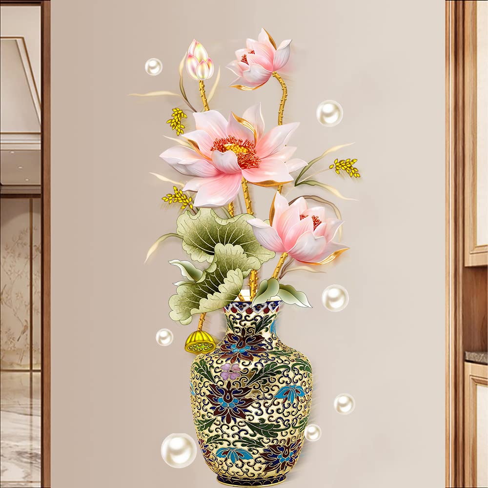 Dechom Chinese Style Lotus Flower Classical Vase Wall Sticker Pearl Living Room Art Wall Decals Home Entrance Backdrop Decoratio