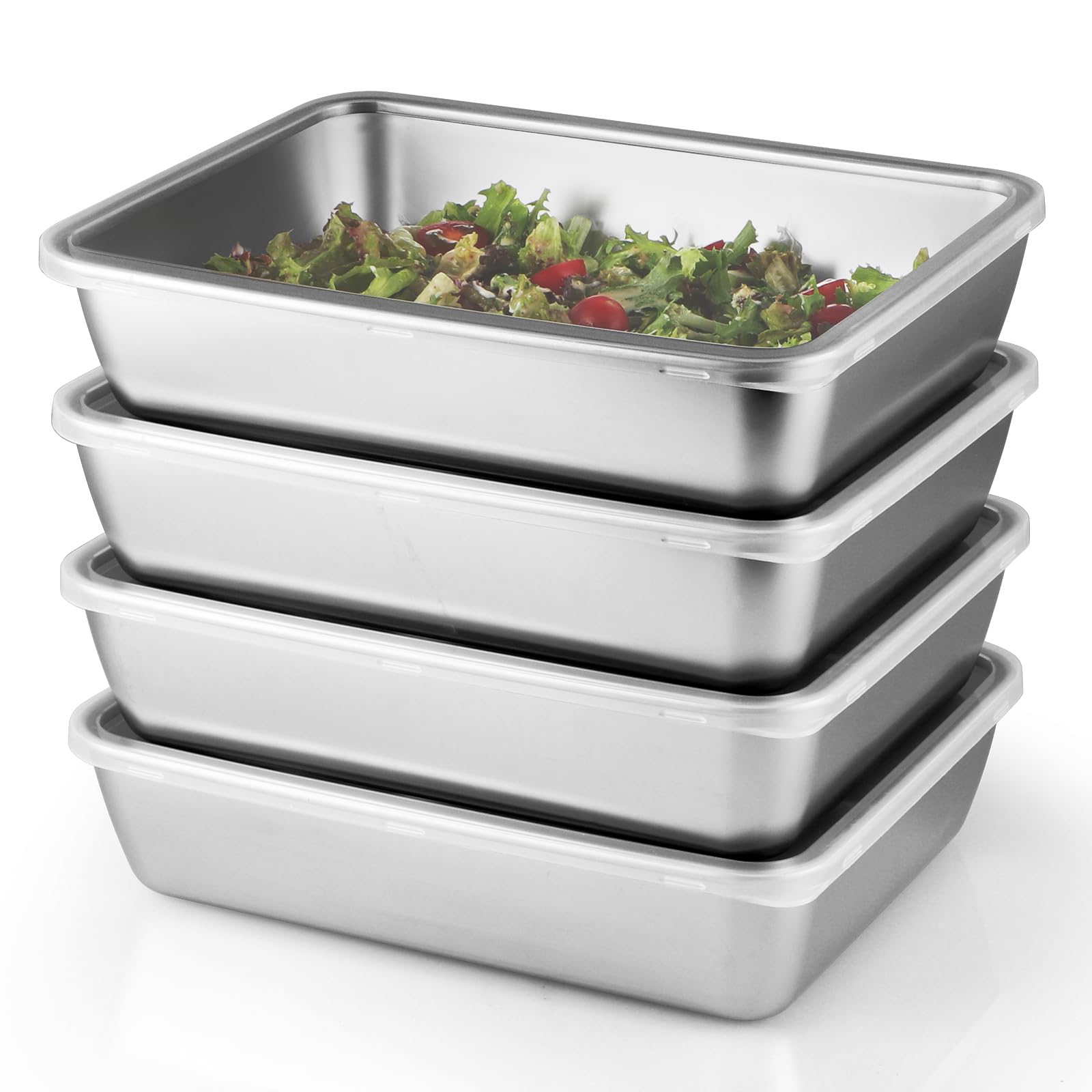 Sanbege 4 Pcs (68oz) Stainless Steel Food Containers with Clear Lids, 10 x 7.7 Stackable Snack Storage Boxes, Deli Meat Keeper