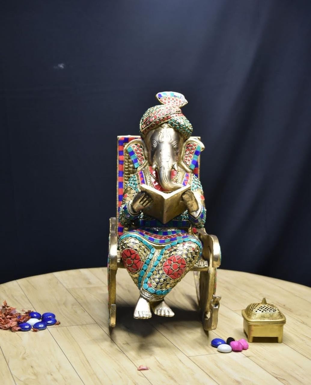 Artsikia Brass Ganesha On Chair | Lord Ganesh Sitting On Chair & Reading Book | Inlay Work Pillayar Murti | Home Decor/Showpiece