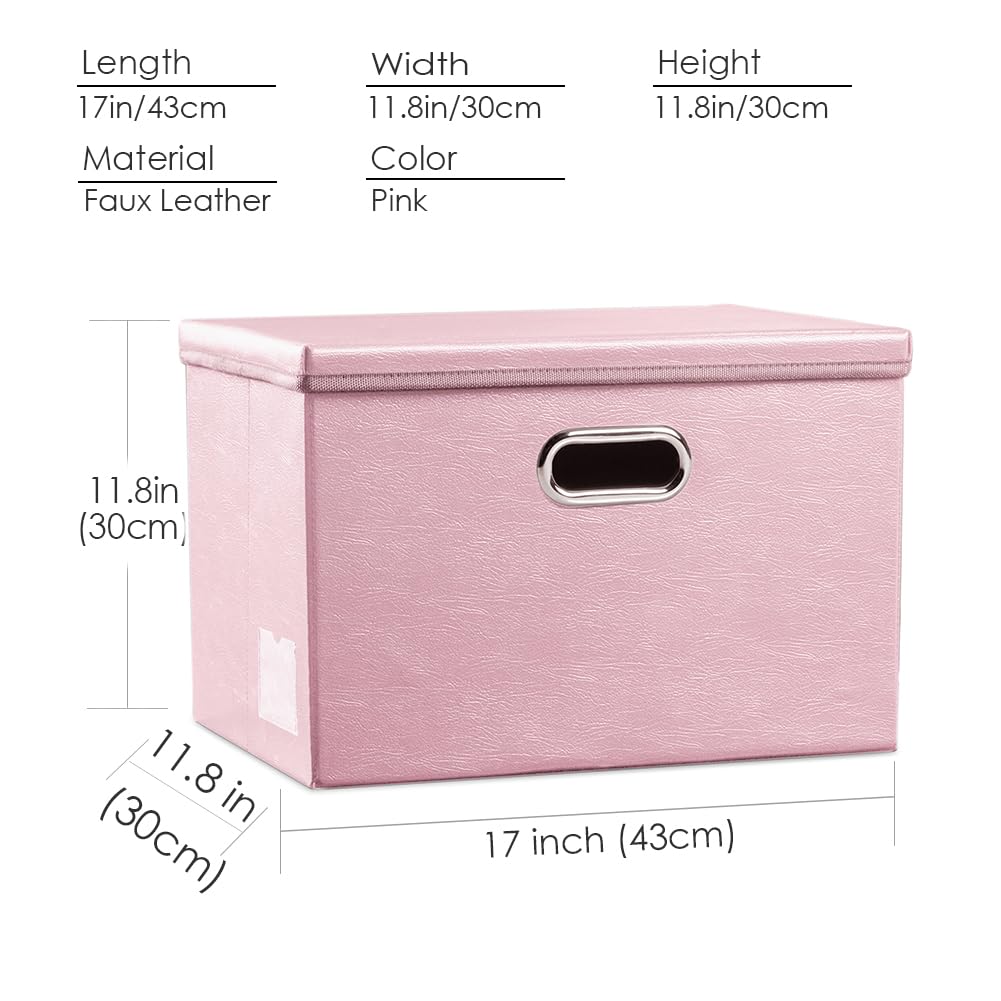 Prandom Large Collapsible Storage Box With Lid [1-Pack] Leather Fabric Foldable Storage Bin Organizer Container Basket Cube With