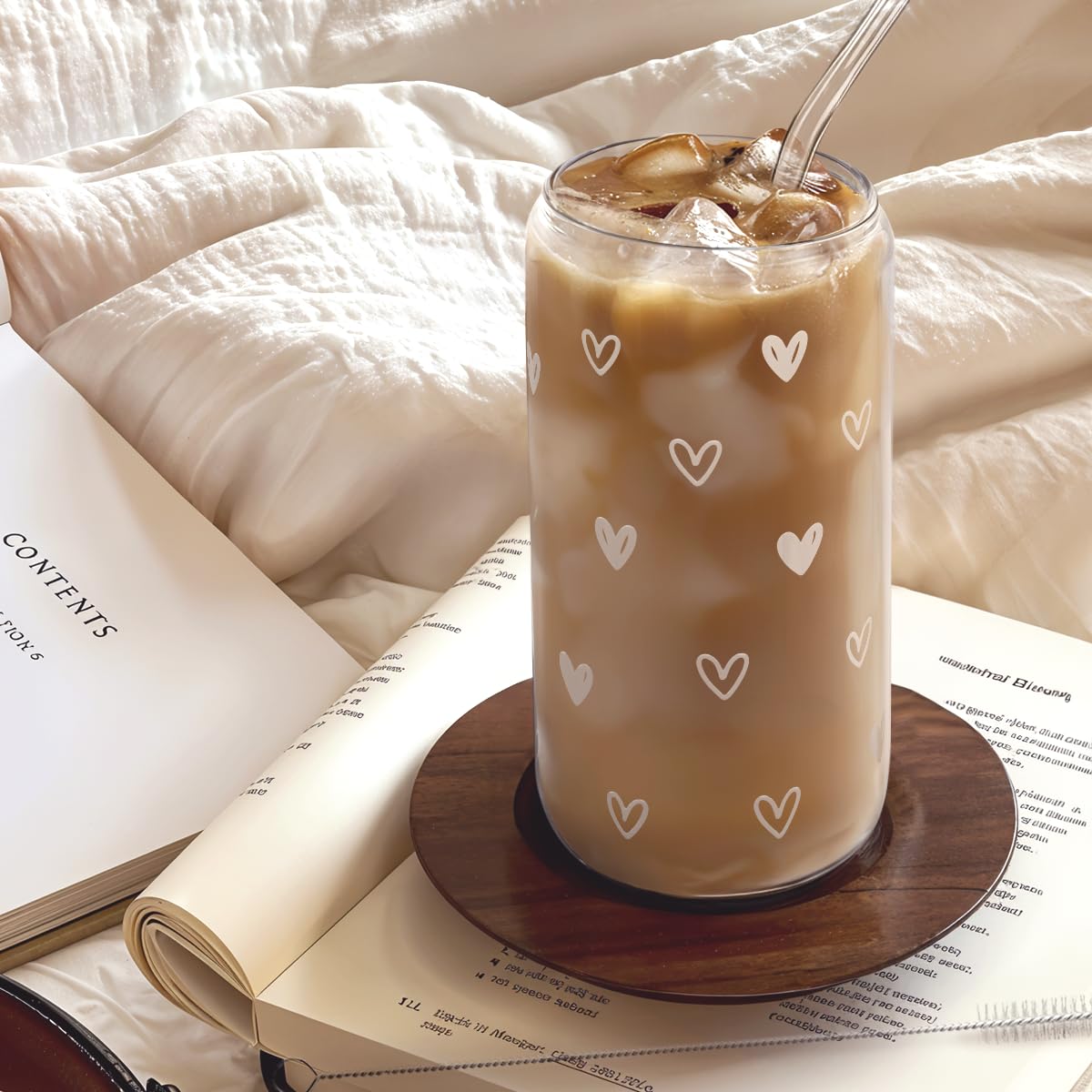 Heart 16oz Can Glass Tumbler with Acrylic Lid & Straw, Iced Coffee Cup for Women, Aesthetic Cups Gifts for Birthday Christmas Va