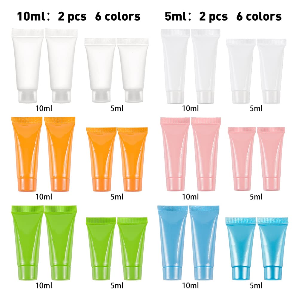 Benecreat 24Pcs 5Ml/10Ml 6-Colors Plastic Squeeze Tubes Travel Size Makeup Sample Bottles With 4Pcs Funnel And 2Pcs 5Ml Syringe
