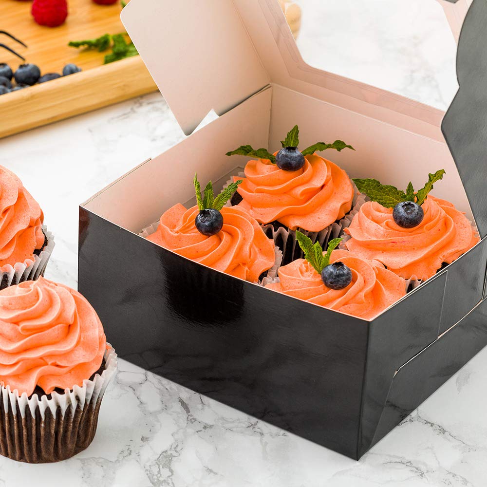Restaurantware Cafe Vision 6.3 X 6.3 X 3 Inch Cupcake Gift Boxes 100 Fits 6 Bakery Boxes - Hinged Lid Removable Inserts Black Pa