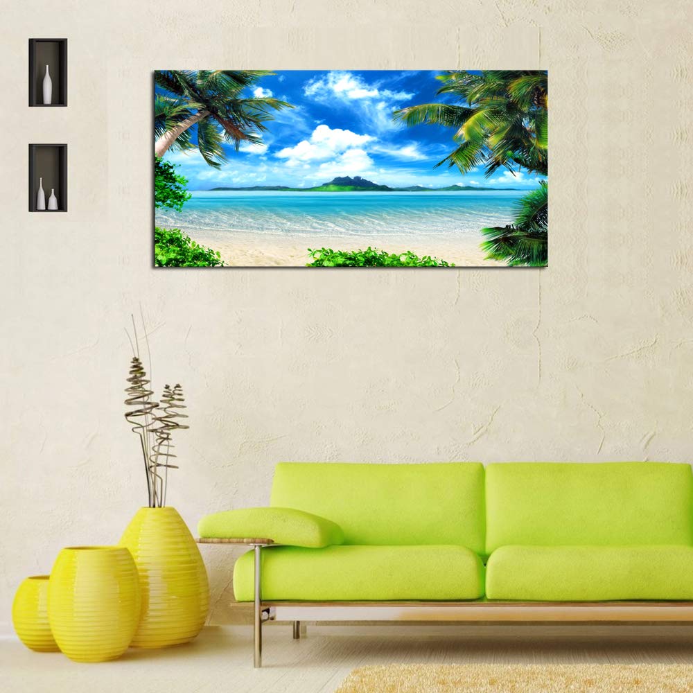 Dzl Art S72774 Canvas Wall Art Ocean Waves Coconut Trees On Sands Beach Seascape Scenery Painting Nature Picture For Bedroom Hom