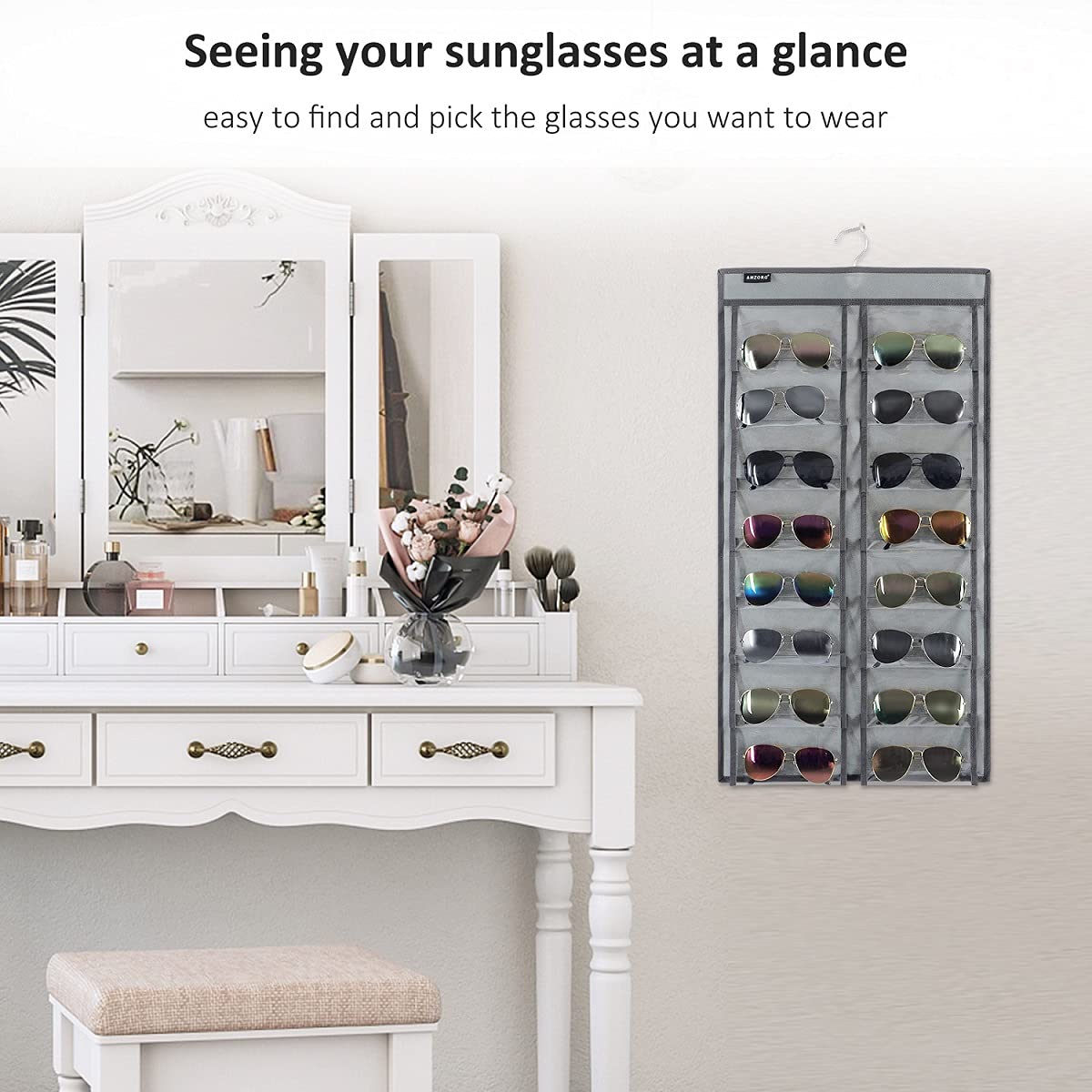 Anzorg Over The Door Hanging Sunglasses Organizer Storage Sunglass Rack Holder Eyewear Display Case With 16 Clear Dust Proof Poc