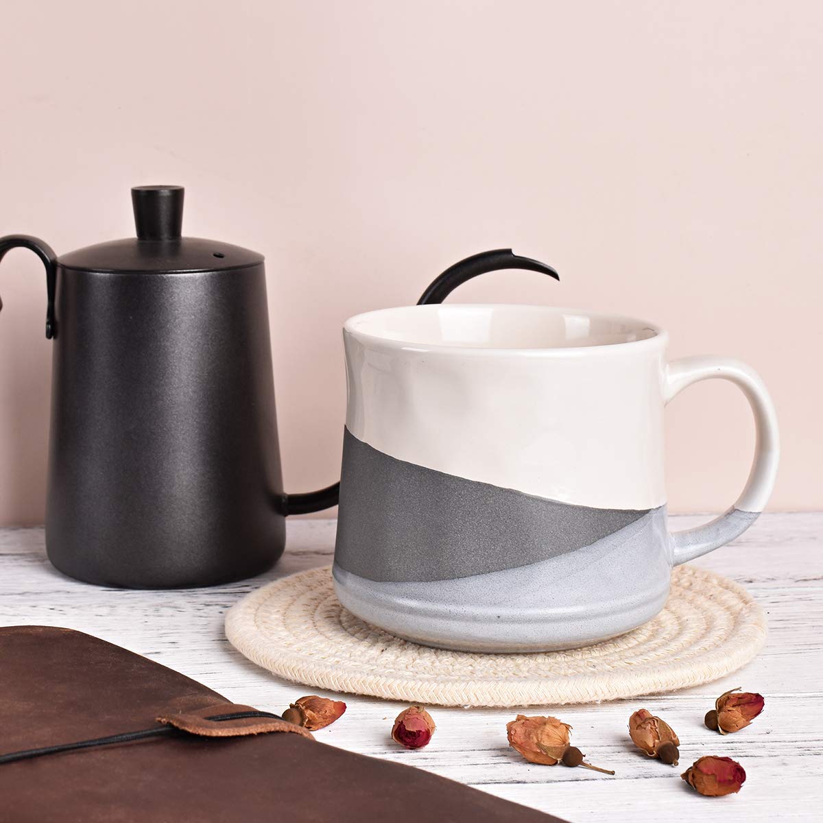 Bosmarlin Large Stoneware Coffee Mug, Big Tea Cup for Office and Home, 21 Oz, Dishwasher and Microwave Safe, 1 PCS (Geometry-Gre