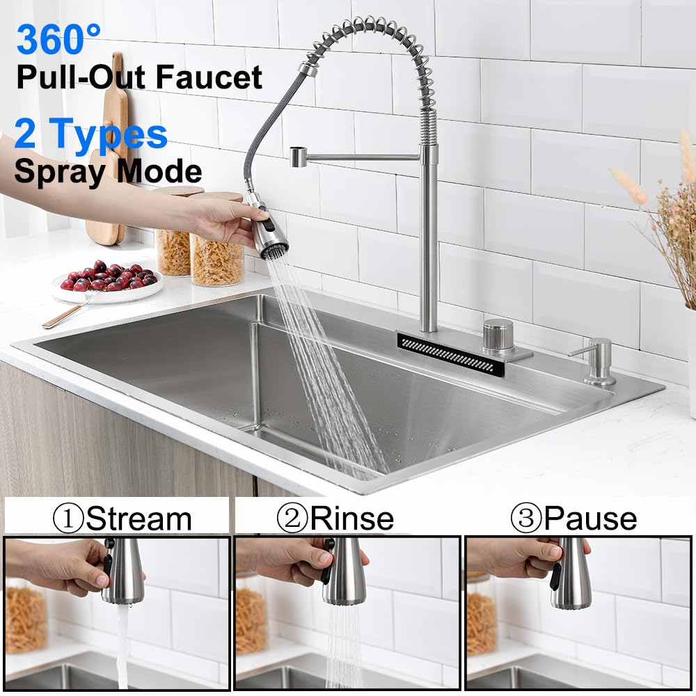 Boomhoze 33-Inch Drop In Waterfall Kitchen Sink Workstation, 33X22 Drop In Kitchen Sink With Waterfall Faucet Single Bowl 16 Gau