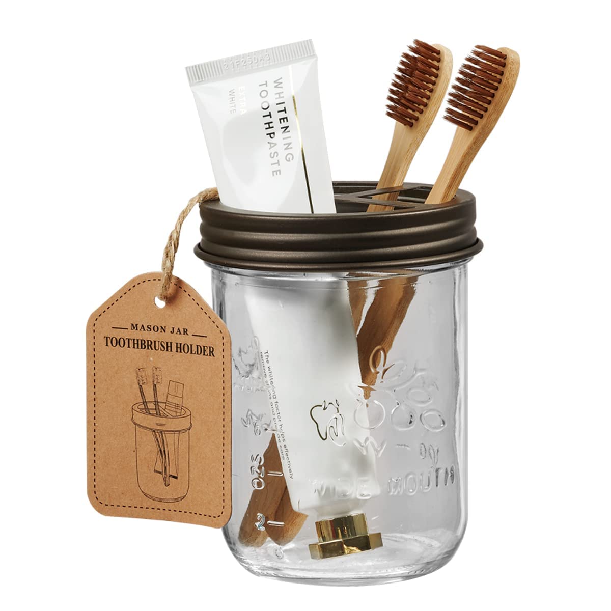 Amolliar Mason Jar Bathroom Accessories Set(4 Pack) -Bronze-Lotion Soap Dispenser&Qtip Holder Set&Toothbrush Holder-Rustic Farmhouse Decor Apothecary Jar Bathroom Countertop Vanity Organize (Bronze)