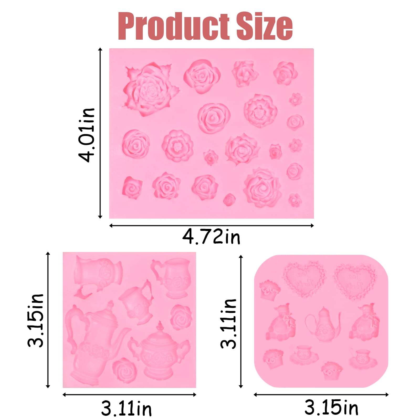 Tea Party Cake Silicone Mold 3 Pcs, Teapot Tea Cup Fondant Molds Rose Flower Chocolate Molds For Cupcake Topper, Cake Decoration