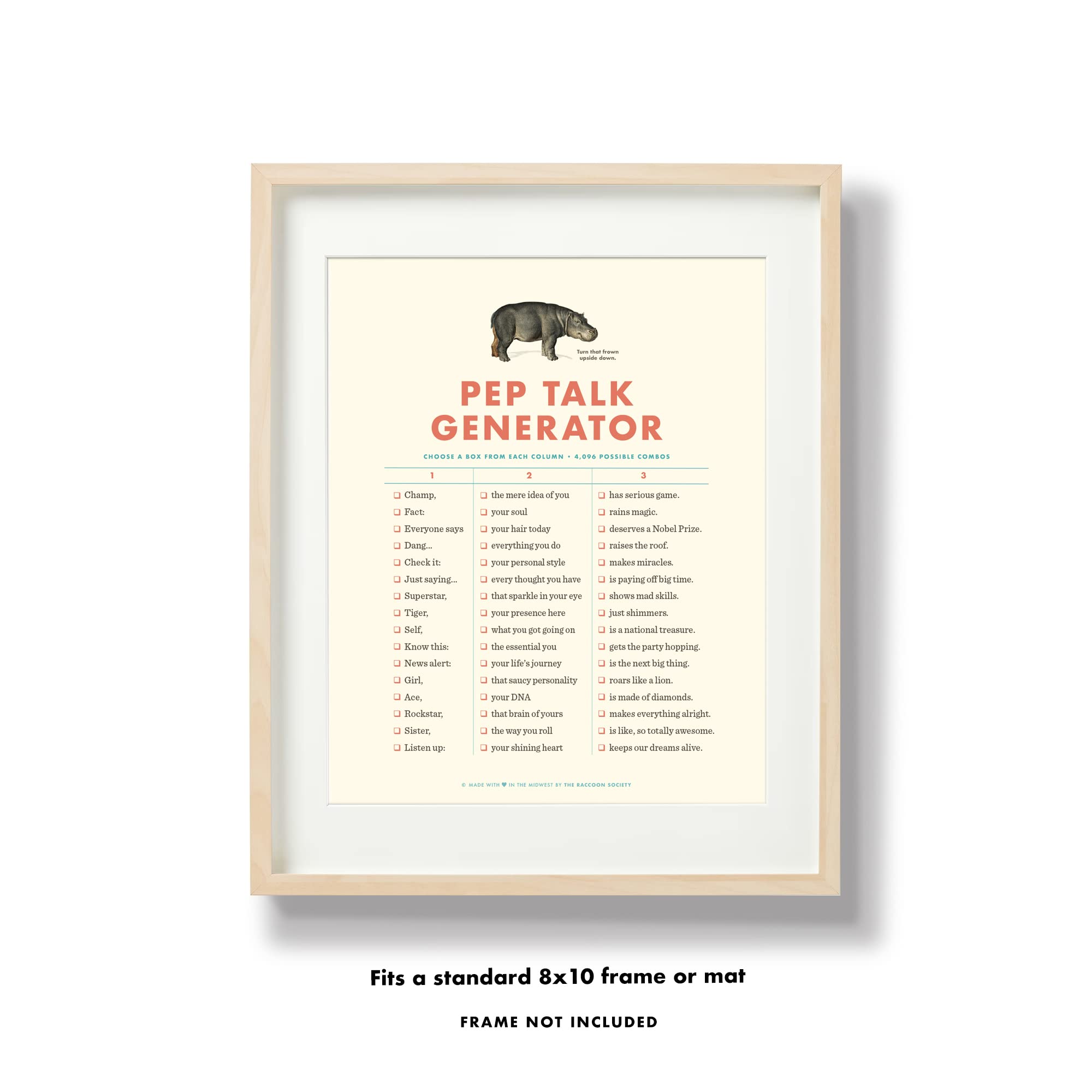 Raccoon Society Pep Talk Inspirational Wall Art Print - 8X10 Funny Motivational Sentence Generator Gift - Ready To Frame - Fun F