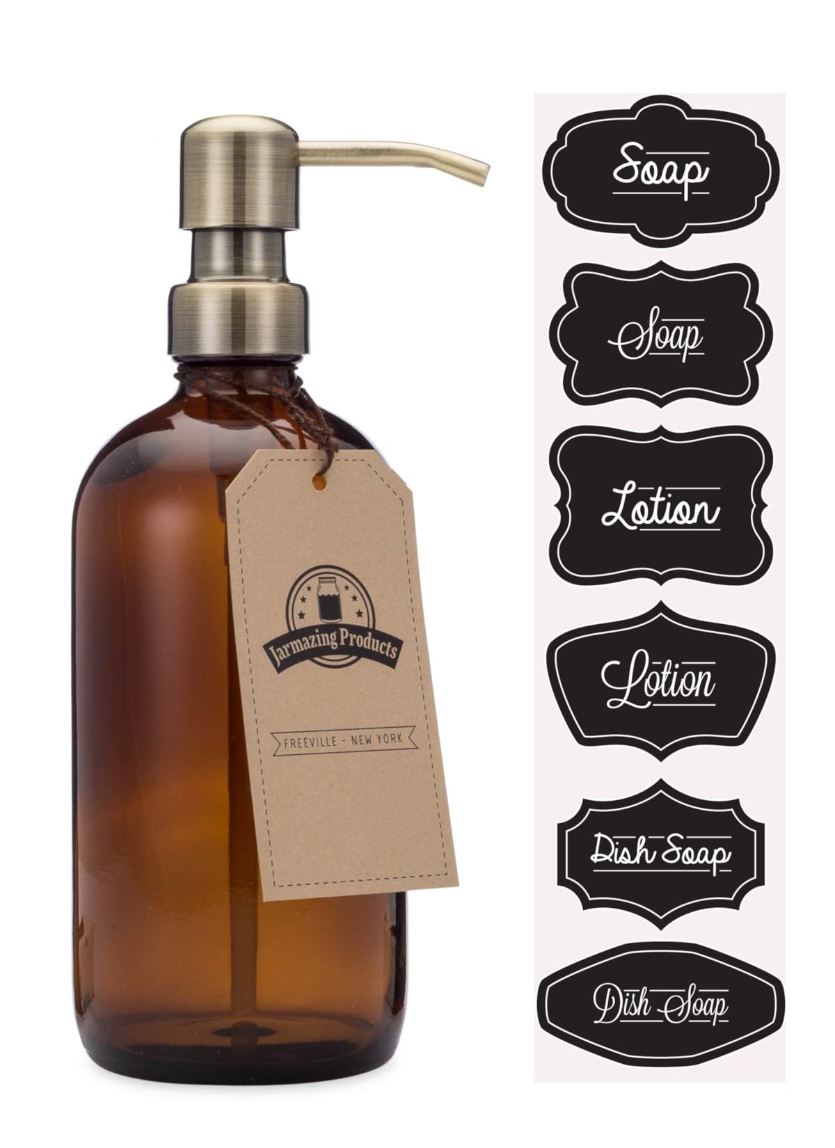 Amber Glass Bottle Soap And Lotion Dispenser With Brass Pump - 16 Oz - By Jarmazing Products