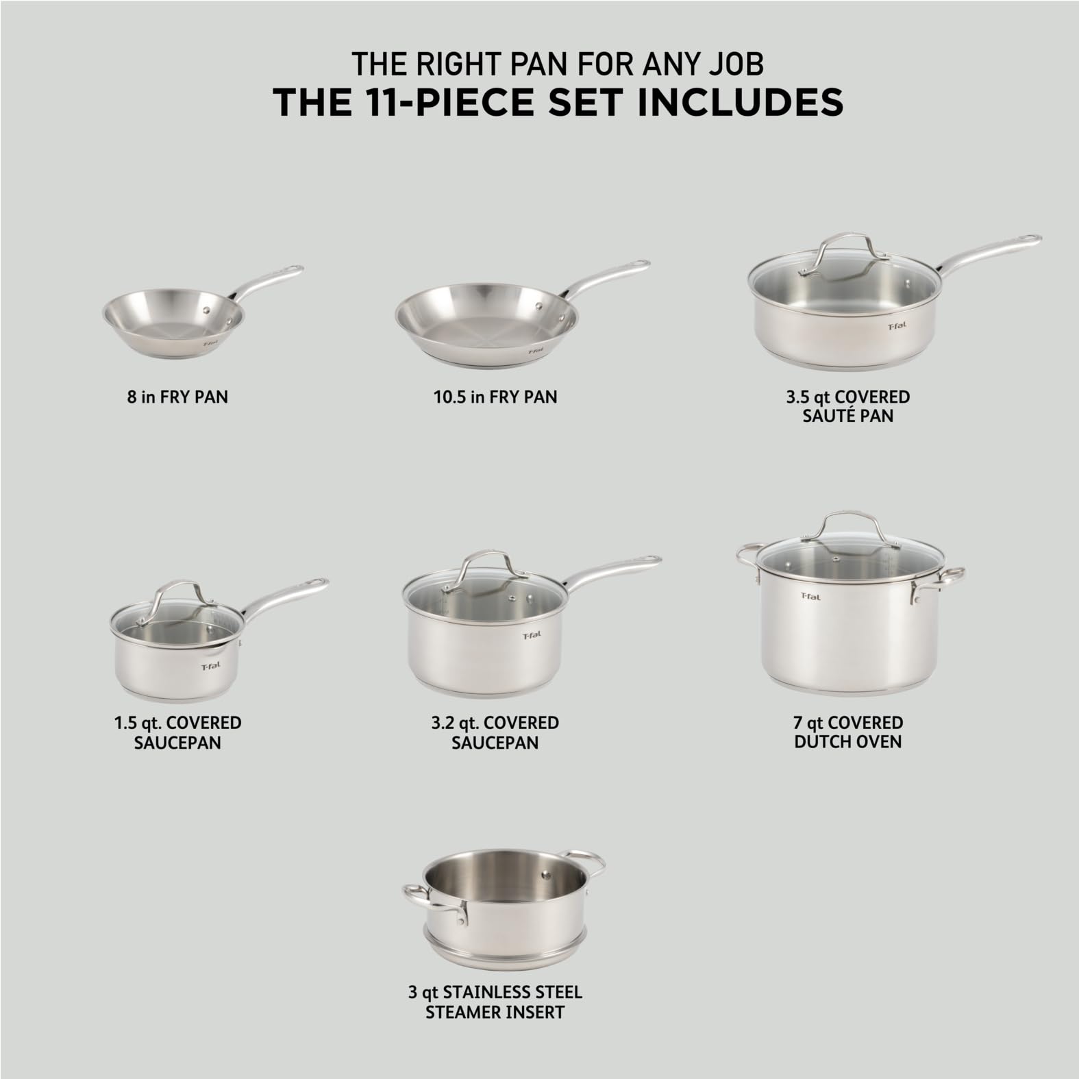 T-fal Gourmet Stainless Steel Cookware Set 11 Piece, Induction, Oven Broiler Safe 500F, Kitchen Cooking Set w/Fry Pans, Saucepan