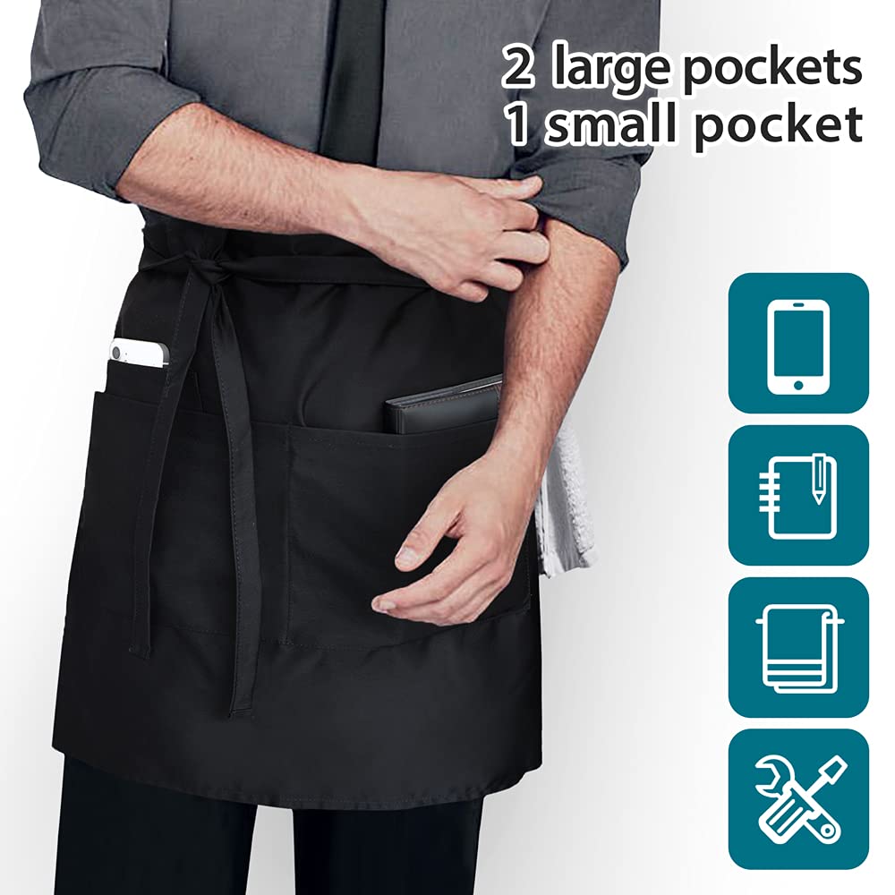 Rotanet Server Aprons Half Bistro Apron With 3 Pockets 22 Inch Long Large Restaurant Waist Apron For Men Women Waterproof Black