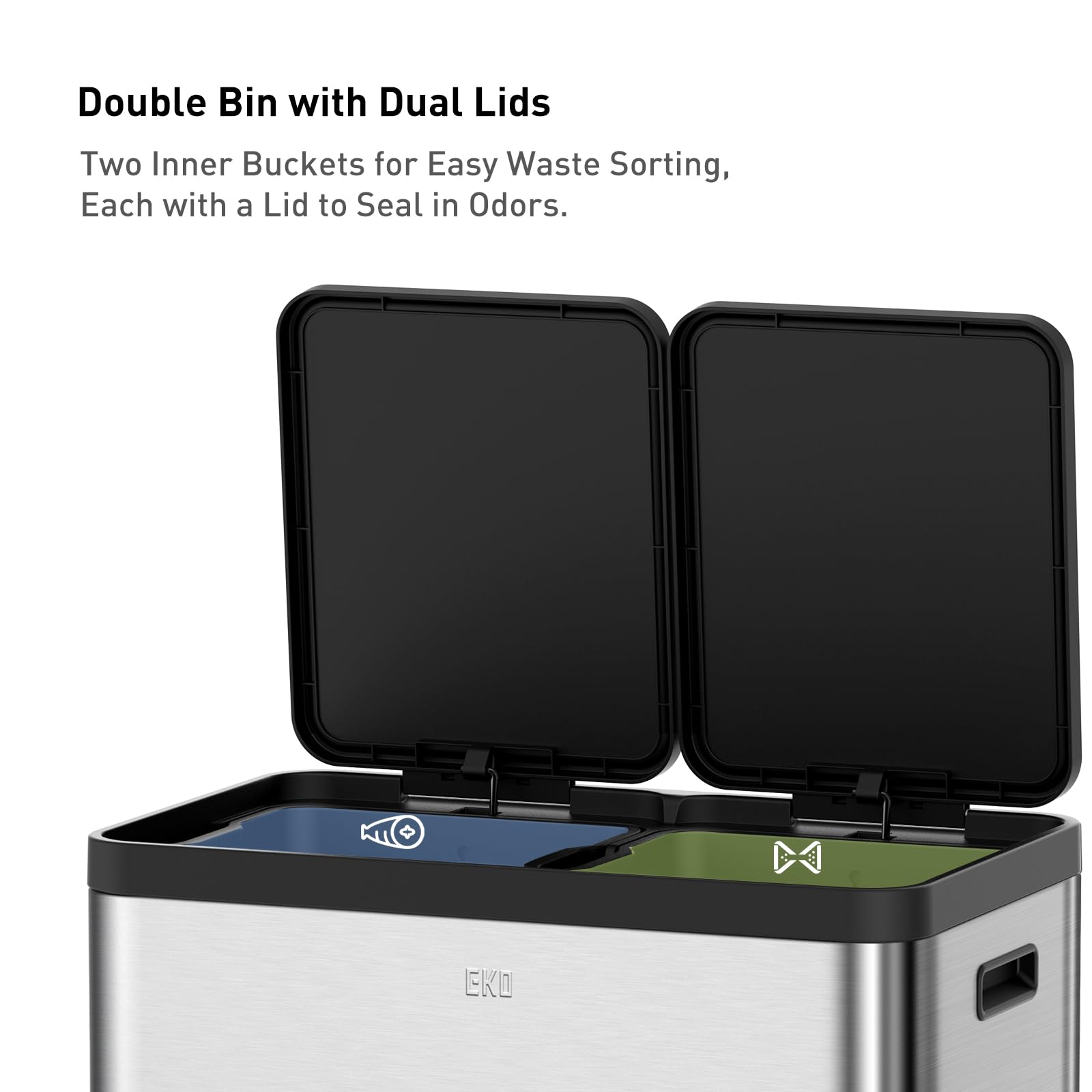 Eko Essential 8+8 Gallon Dual Trash Can, Kitchen Step Recycle Trash Can With Dual Removable Bucket, Independent Lids And Pedals,