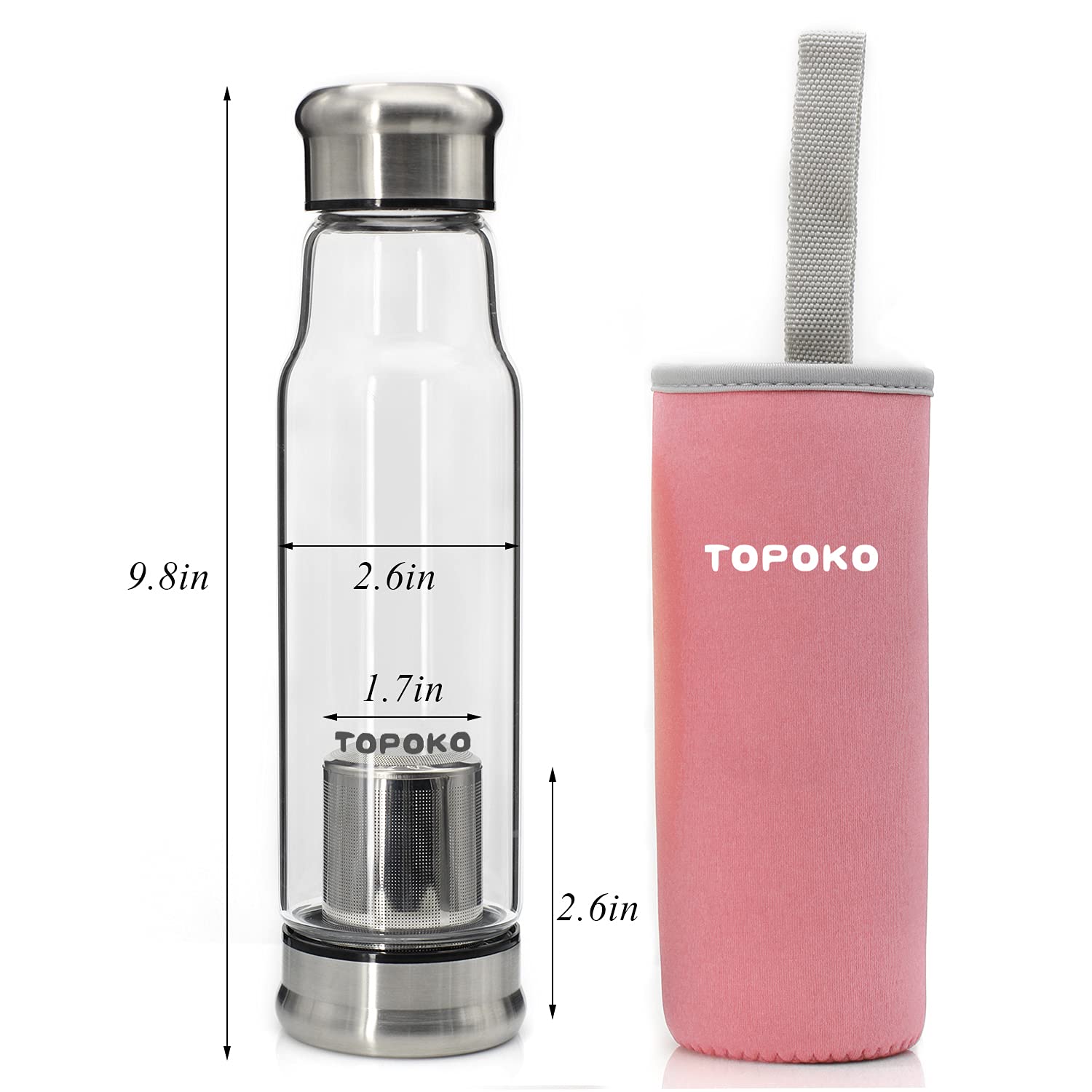 Topoko 18.5 Ounce Top Level Quality Stylish Environmental Borosilicate Glass Water Bottle With Nylon Sleeve - Tea Infuser Bottle