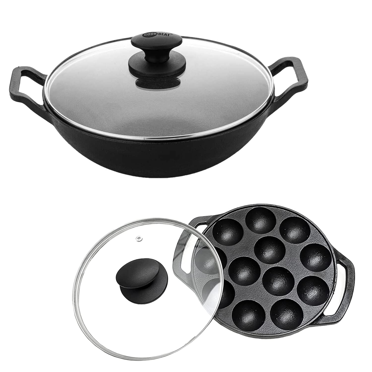 Cookbeat Cast Iron Paniyaram Pan With Lid & Kadai Combo | 12-Cavity Appam Patra, Paddu & Ponganalu Maker | Gas Compatible, Heavy