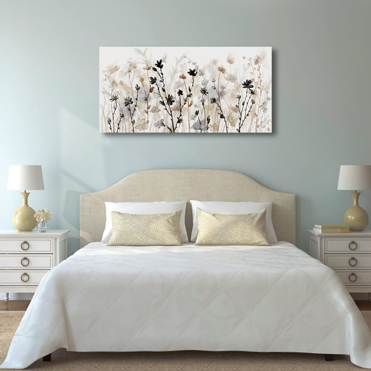 Abstract Floral Canvas Wall Art Grey Cream White Grass Flowers Canvas Pictures Modern Landscape Painting Botanic Artwork For Liv