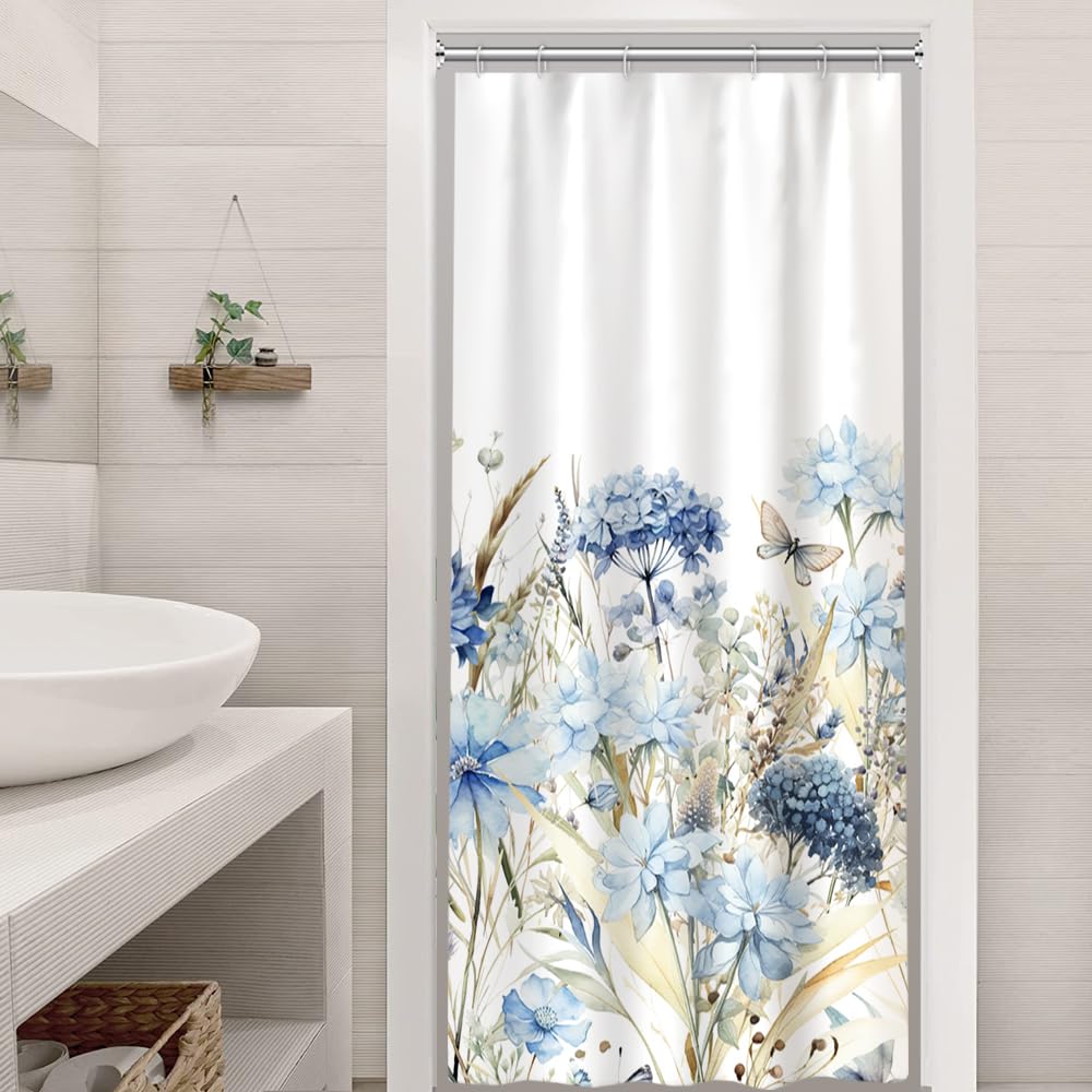 Ruelvth Stall Shower Curtain, Blue Hydrangea Floral Small Shower Curtain Set With Hooks Waterproof Fabric Aesthetic Rv Bathroom