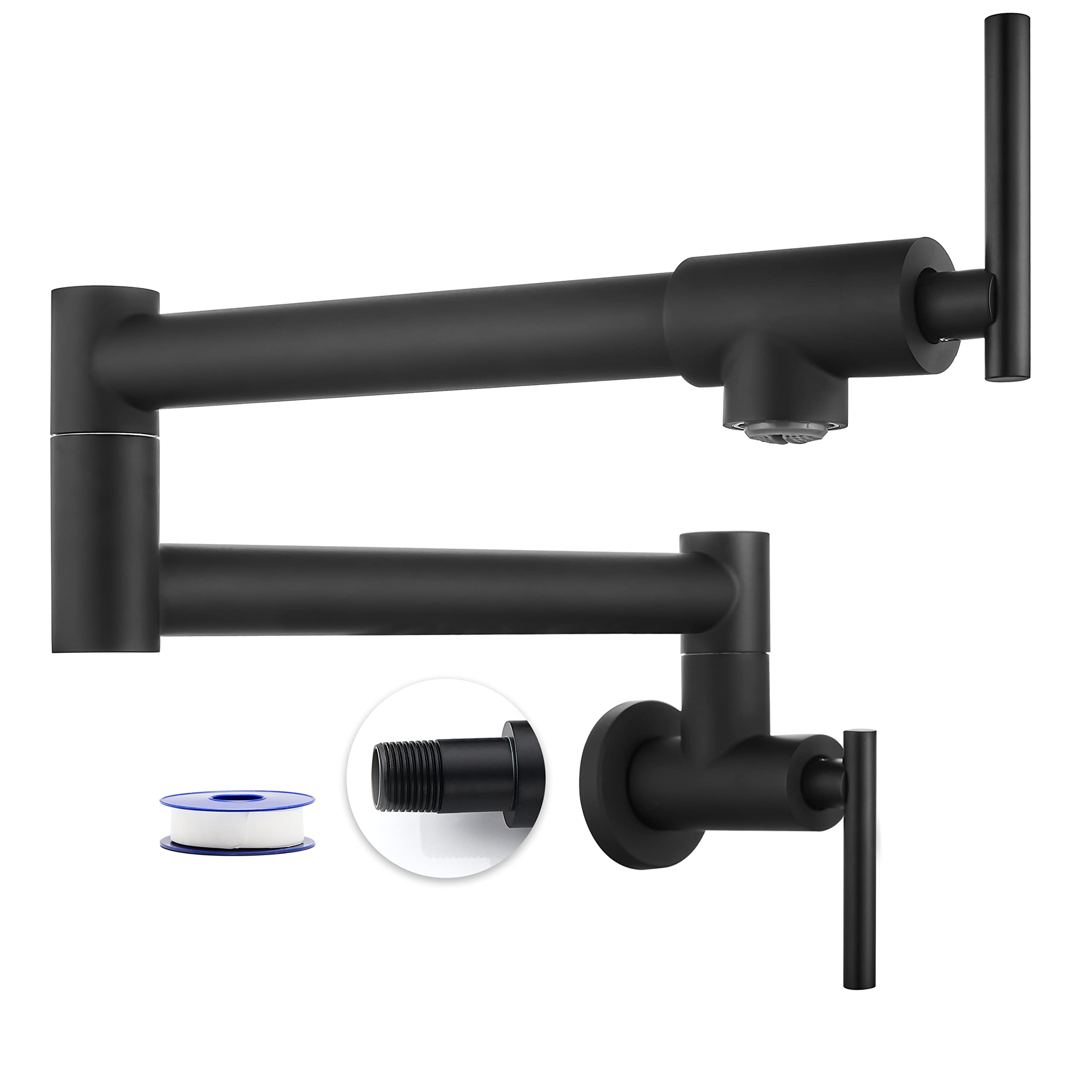 Heyalan 19'' Matte Black Stainless Steel Sus304 Pot Filler Faucet Wall Mounted Double Joint Swing Folding Arms With Two Handles