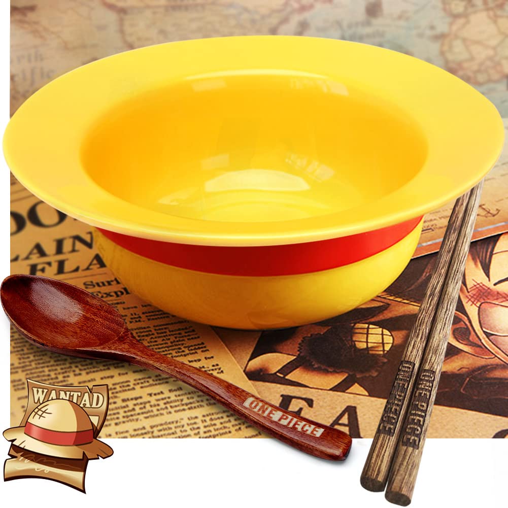 shiningsoul 3 PCS ONEPIECE Luffy Straw Hat Ramen Bowl Set Anime (Straw Hat Ceramic Bowl + Wooden spoon + Chopsticks) Dishwasher & Microwave Safe - Good Gift for Anime Fans