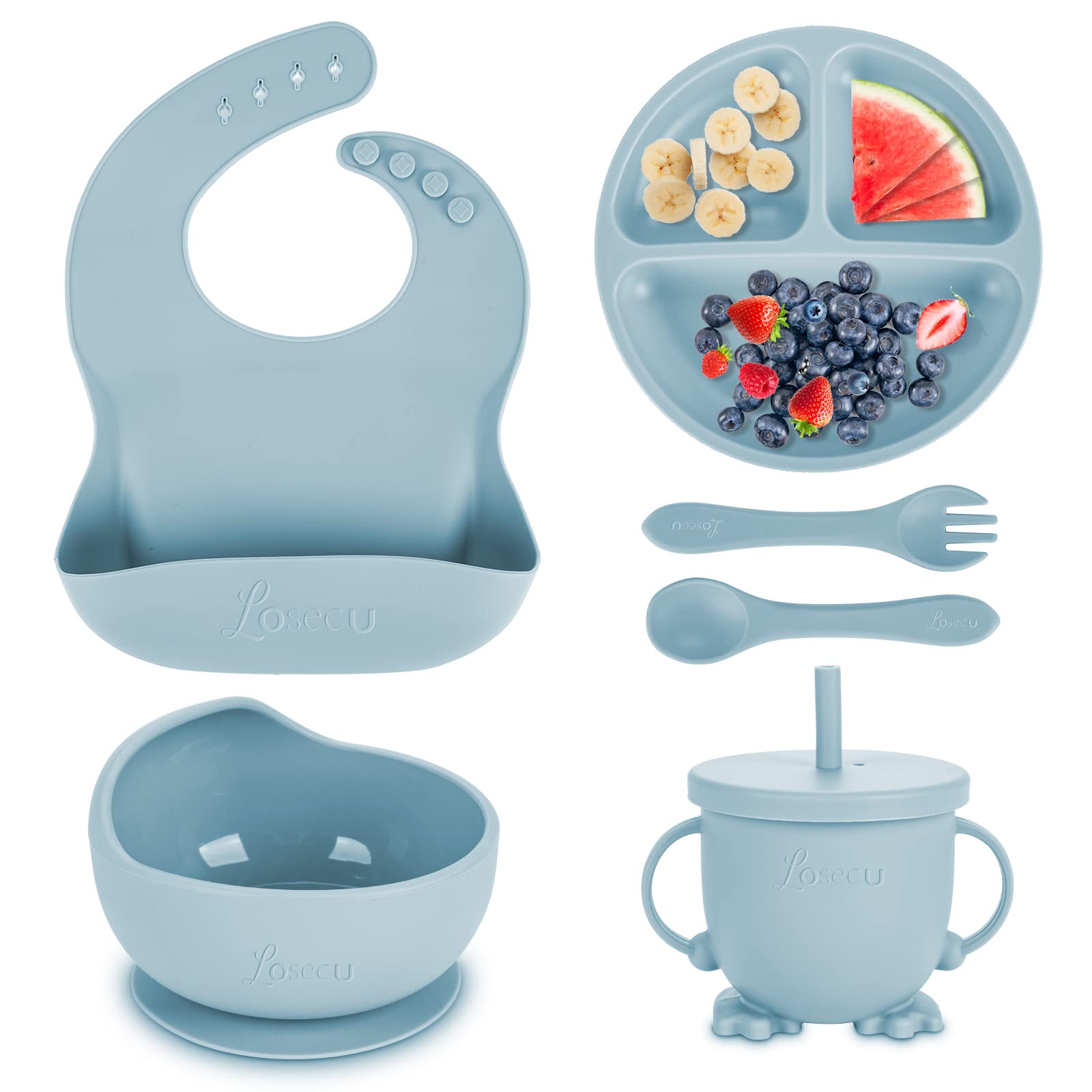 Losecu Silicone Baby Feeding Set|Baby Led Weaning Supplies Set|Suction Baby Plate Bowl Set with Bib Spoon Fork Sippy Cup|Baby Fe