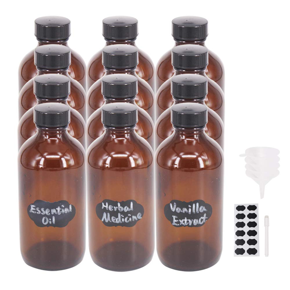 Bpfy 12 Pack 8 Oz Glass Boston Bottle With Black Poly Cap, Funnel, Chalk Labels, Pen, Dispensing Bottles For Homemade Vanilla Ex