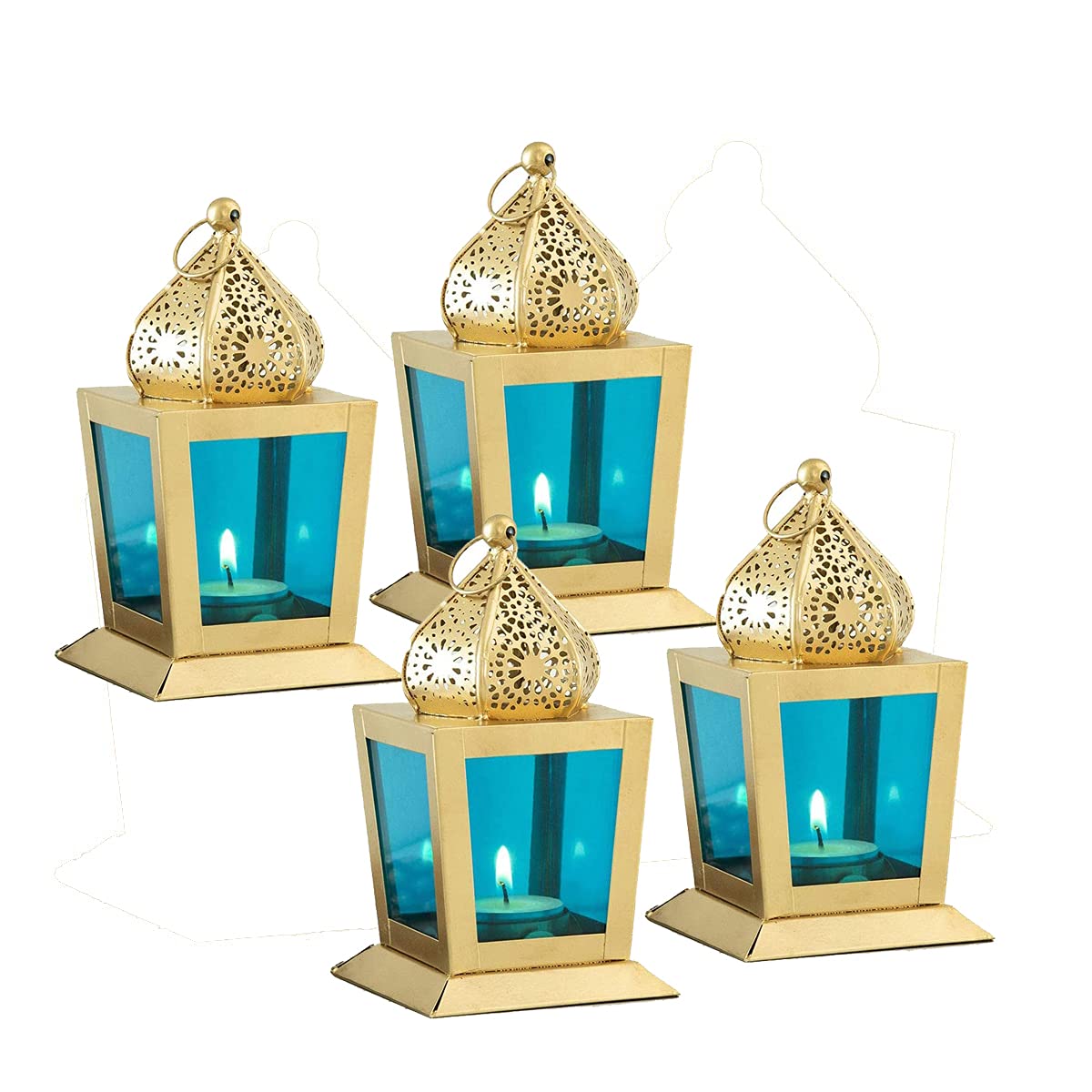 Imrab Creations Antique Decorative Sweetheart Square Shape Hanging Lantern | Laltern Lamp with Tealight Candle Holder (Blue, Set