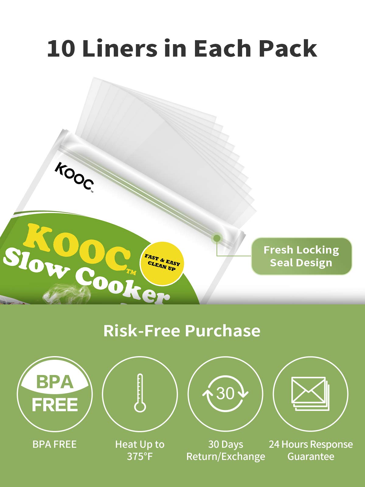 Kooc Disposable Slow Cooker Liners, 10 Count, 13X21In, Large Size, Fresh Locking Seal, Bpa Free