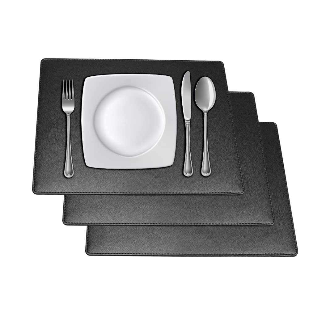 Faux Leather Placemats For Dinner Table - Pack Of 4 (Black (Plain))