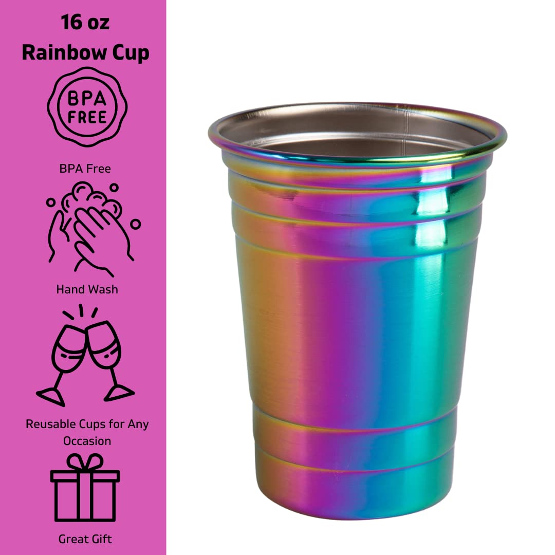 D'Eco Unbreakable Holographic Stainless Steel Party Cups (16 Oz, 4 Pack)- Shatterproof Reusable Drinking Glasses For Games-Indoo