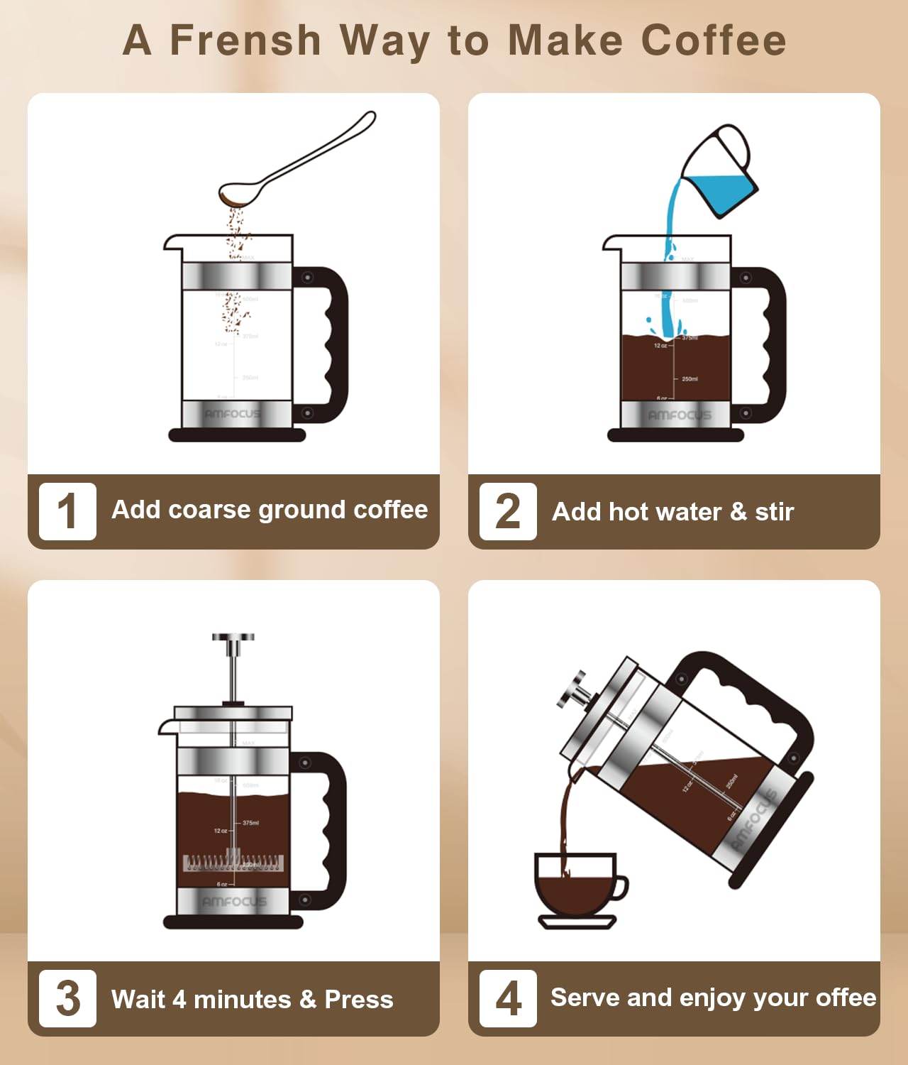 AMFOCUS French Press Coffee Maker - 21OZ Borosilicate Glass - Silver, Portable Cold Brew Coffee Pot with 4-Level Filters