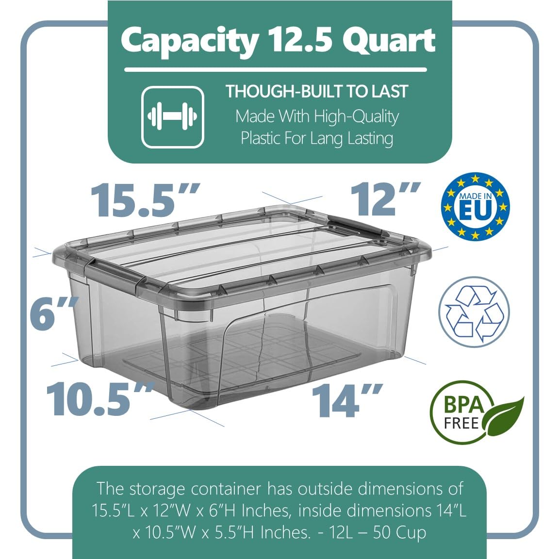 Tribello 12.5 Quart Storage Bins With Lids, Plastic Storage Containers With Latching Lids For Organizing - Tinted - (15.5 X 12