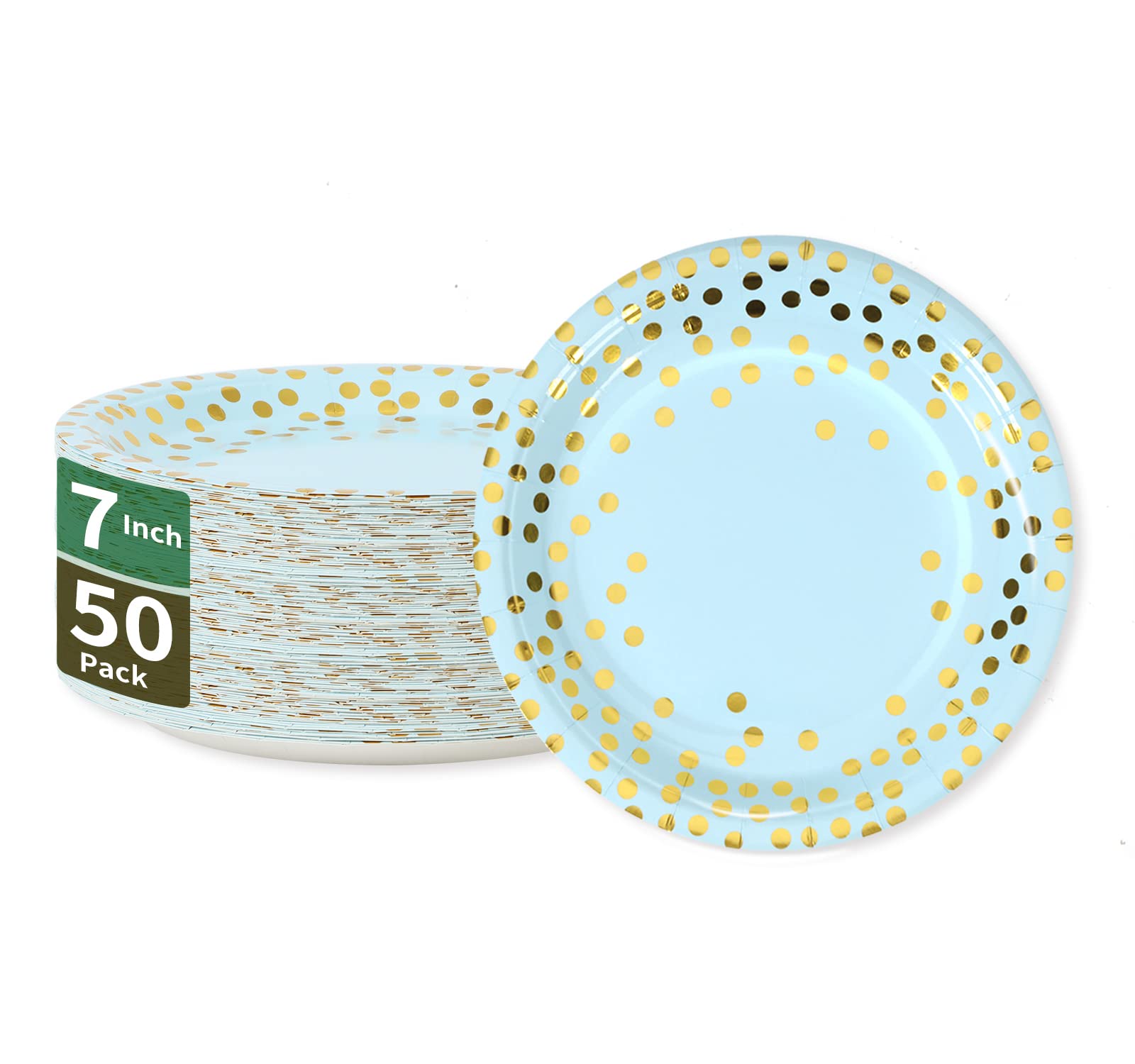Cenlbj Blue  Gold Dots Party Paper Plates, 50 Pcs Disposable Party Supplies Dessert Paper Plates For Baby Shower,Birthday Party