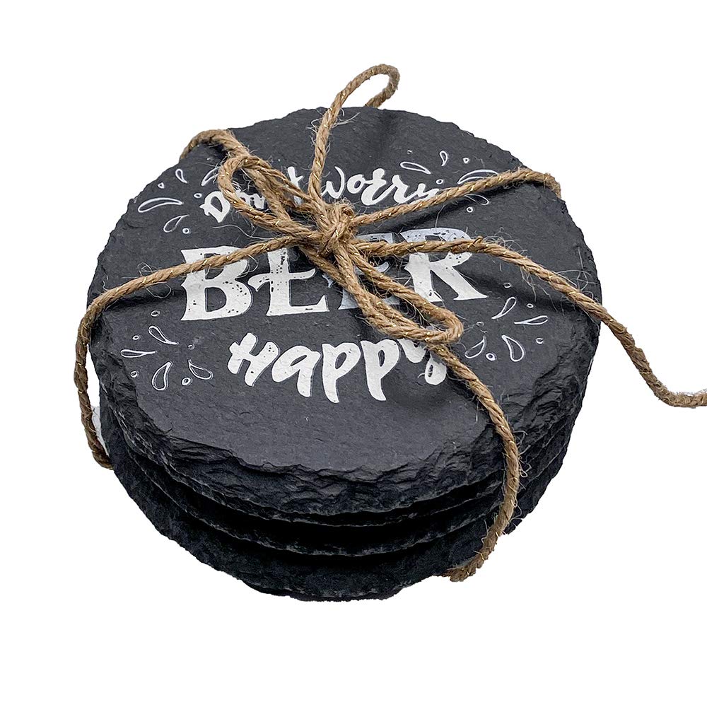 Petite Lili Black Round Natural Slate Funny Coaster, Don'T Worry Be Happy, Set Of 4 Housewarming ,Man Cave, ,Living Room Decorat