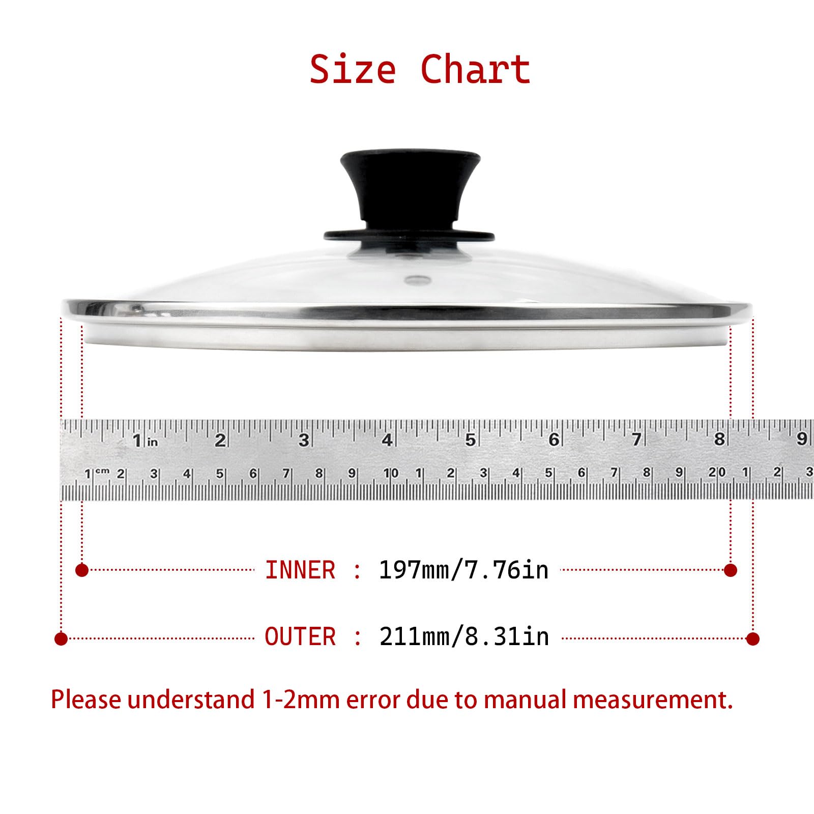 Woogim Single Hole Stainless Steel 8 Inch Tempered Glass Pot Cover With Silicone Knob Handle For Universal Lids For Frying Pan,W