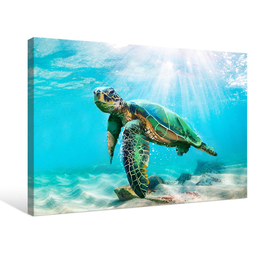 Japo Art Green Sea Turtle Wall Art Submarine Picture Blue Ocean Animal Painting Coastal Wall Decor Framed Ready To Hang For Bath