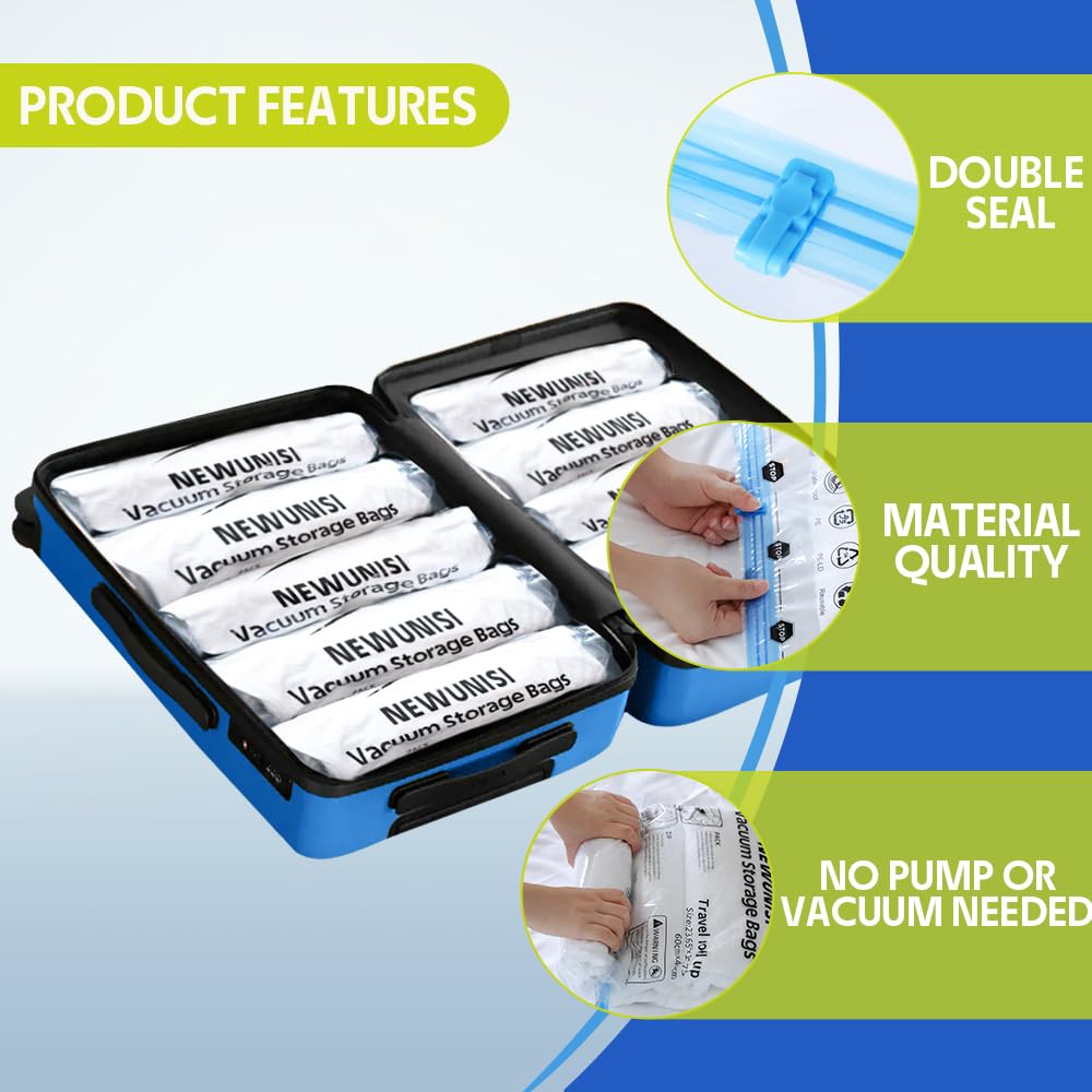 12 Pack Travel Compression Bags, Travel Roll Up Reusable Travel Space Saver Vacuum Storage Bags For Luggage, Camping, And Storag