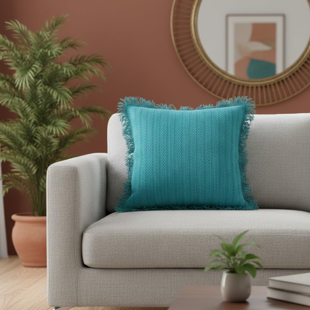Cotton Cushion Covers 16X16 Inch | Handwoven Teal Blue Decorative Square Cushion Case With Fringe | Sofa, Living Room, Bedroom, 