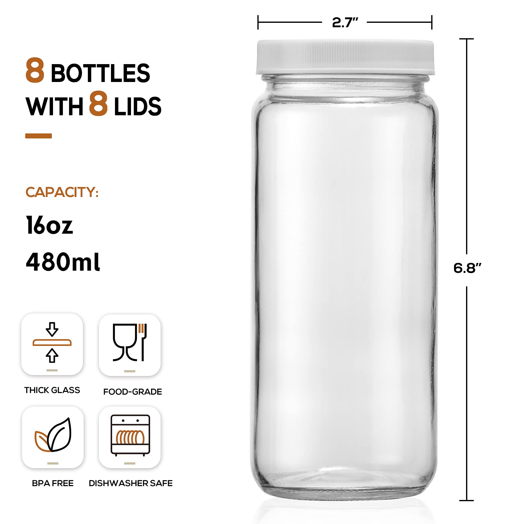 [ 8 Pack ] Glass Juicing Bottles With 2 Straws & 2 Lids W Hole- 16 Oz Travel Drinking Jars, Water Cups With White Airtight Lids,